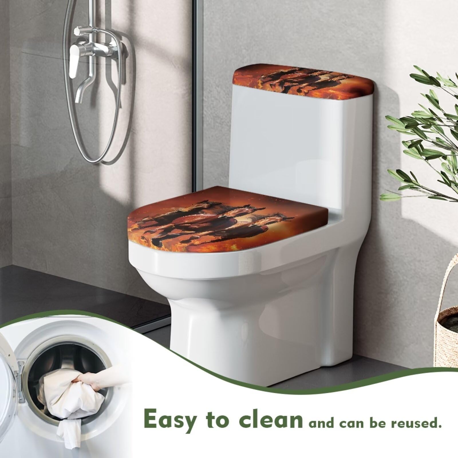 Horse Toilet Tank Lid Cover & Seat Cover Set - Dustproof, Machine Washable Bathroom Decor - Fits Elongated Toilets - Easy Installation - 2-Pack - Perfect for Farmhouse, Western, or Equestrian Themed Bathrooms