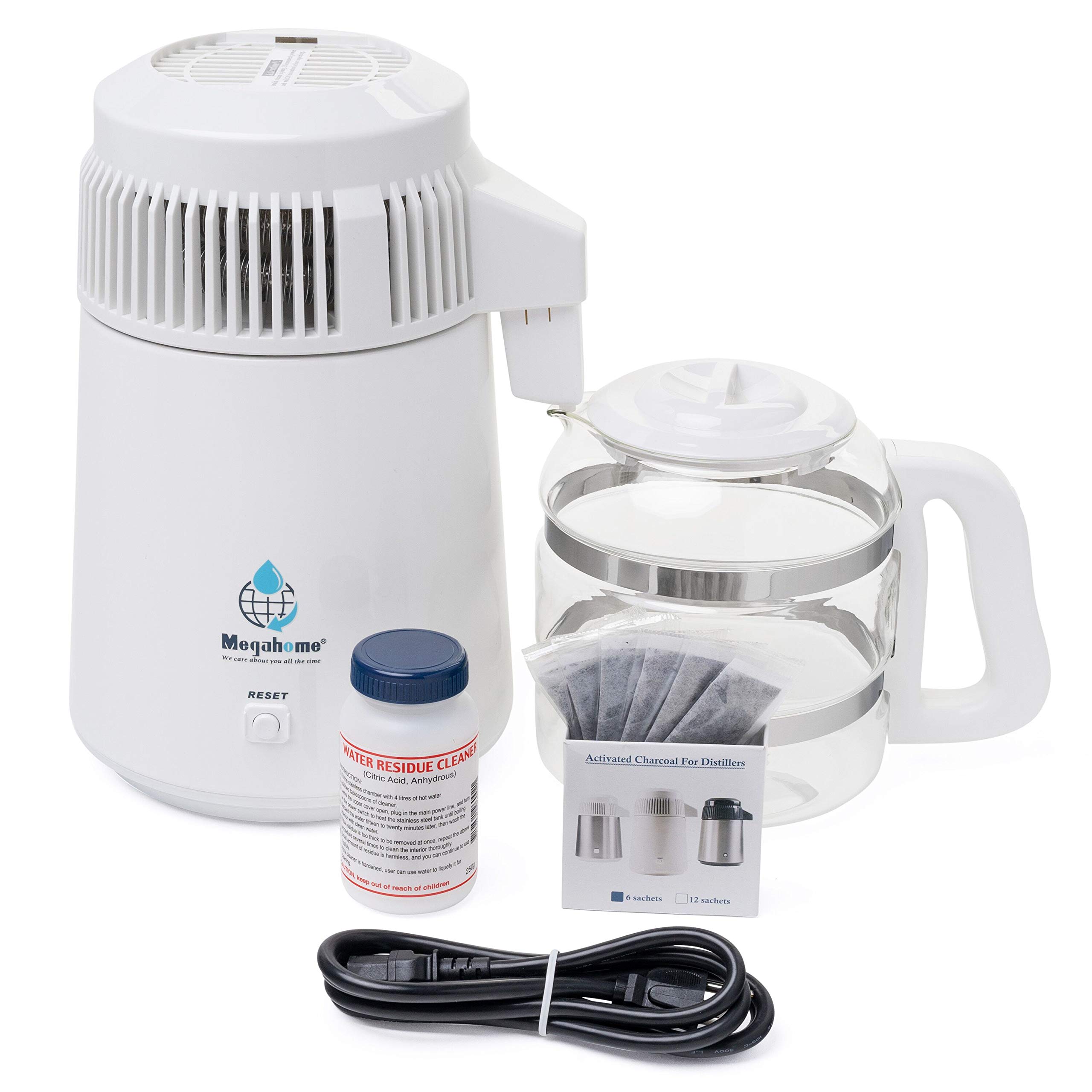 White Countertop Water Distiller with Glass Collection - Pure Distilled Water for Home, Office, and Laboratory Use