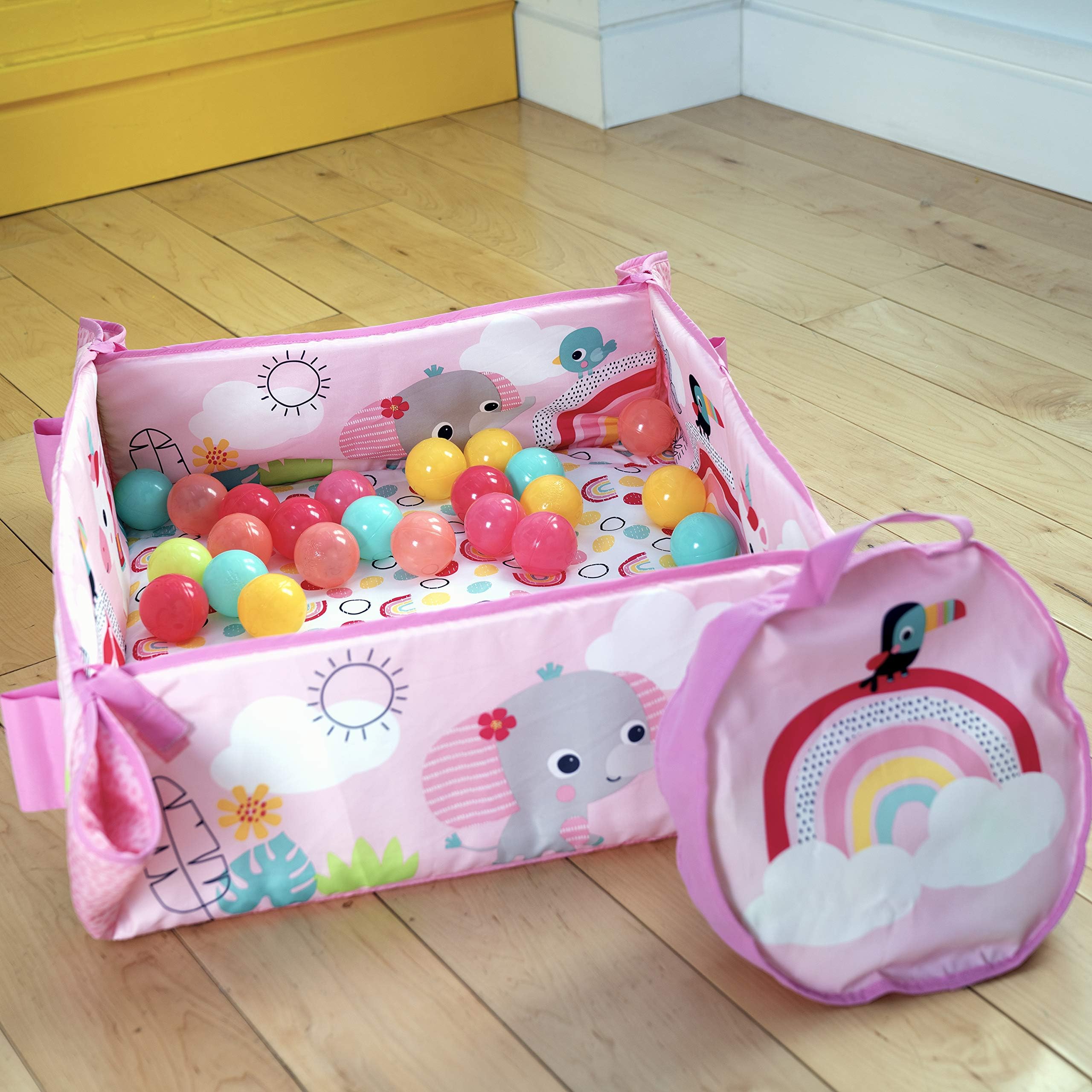 5-in-1 Baby Activity Play Gym & Ball Pit with Rainbow Tropics Design - Interactive Play Mat for Tummy Time, Sensory Development & Early Learning - Perfect for Nursery, Daycare & Home Playrooms