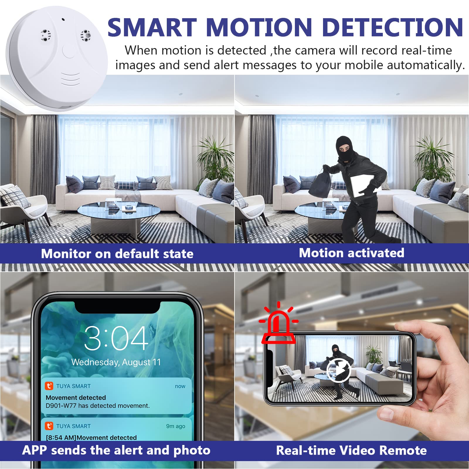WiFi Mini Spy Hidden Camera Smoke Detector - 1080P HD Nanny Cam with Night Vision & Motion Detection | Wireless Security Camera for iOS/Android | Ideal for Home, Office & Baby Monitoring Safety