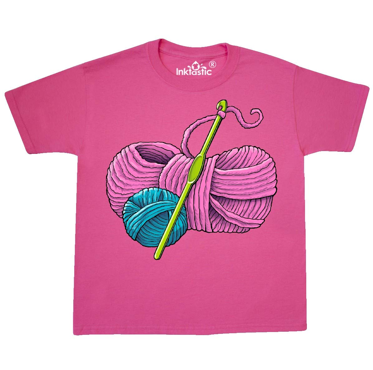 Inktastic Blue and Pink Yarn with Crochet Hook Youth T-Shirt - Soft Cotton Graphic Tee for Kids & Teens - Perfect for Craft Lovers, DIY Enthusiasts & Casual Wear