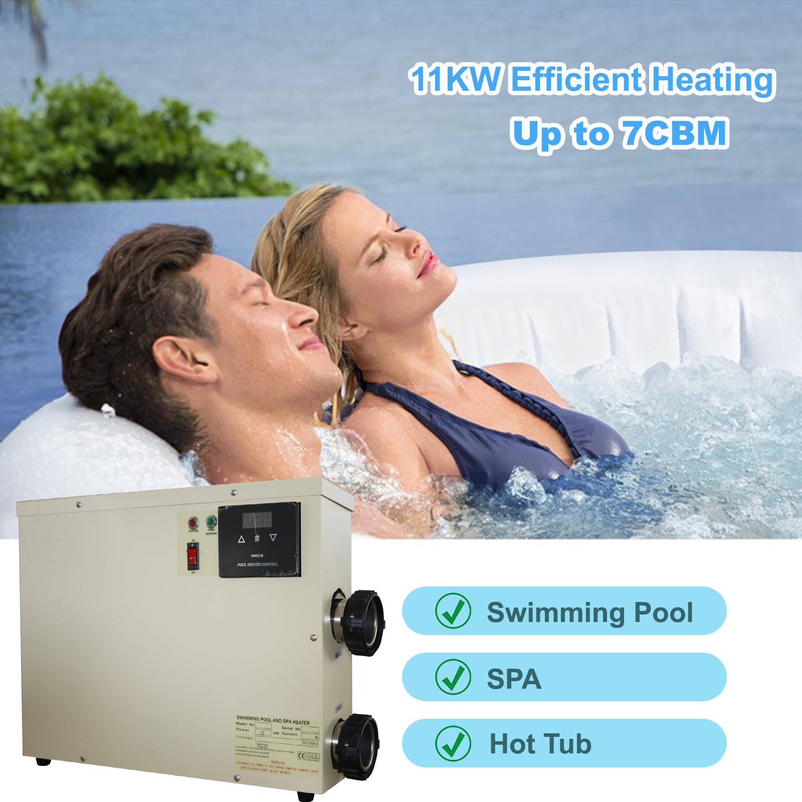 11KW 220V Electric Pool Heater with Digital Thermostat & Touch Display - Energy Efficient Swimming Pool Water Heater for Spas, Bathtubs, In-Ground & Above Ground Pools - Perfect for Year-Round Swimming Comfort