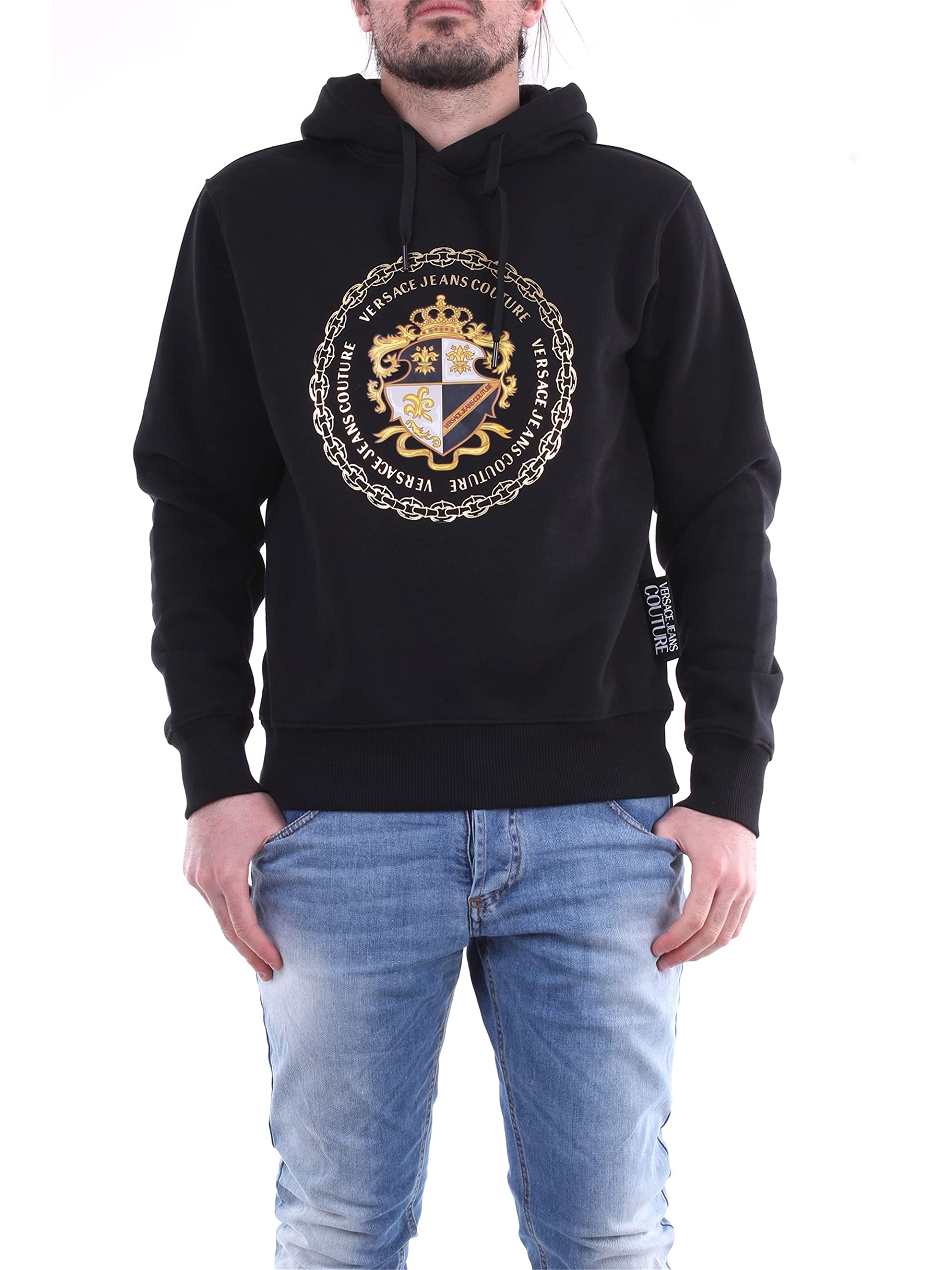 Versace Jeans Couture Men's Black Gold Chain Logo Sweatshirt | Luxury Designer Hoodie for Men | Perfect for Casual Wear, Street Style & Night Out