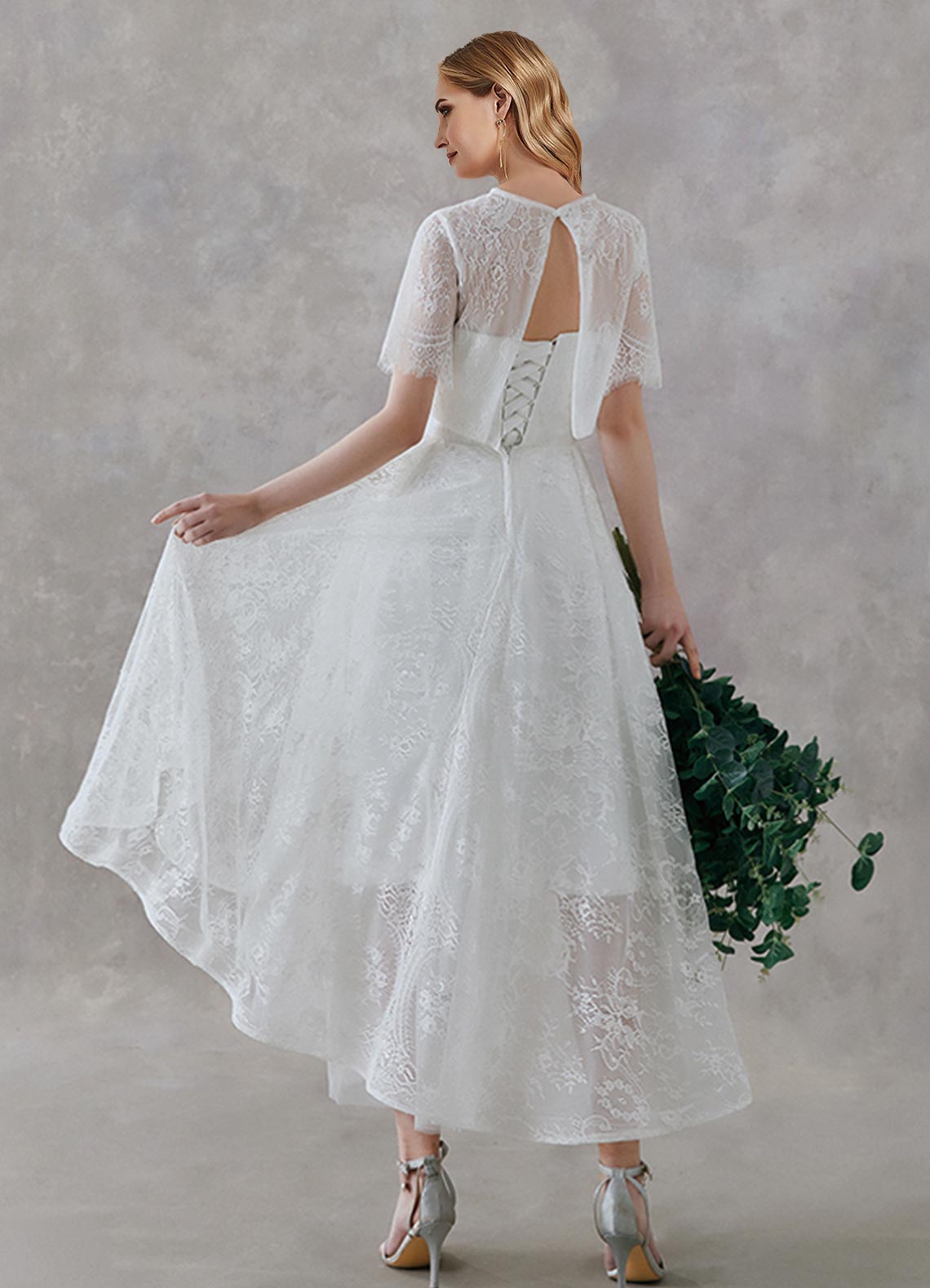 Elegant A-Line Scoop Neck Tea-Length Lace Wedding Dress - Convertible 2-in-1 Bridal Gown for Ceremony & Reception | Perfect for Beach Weddings, Garden Parties & Vow Renewals