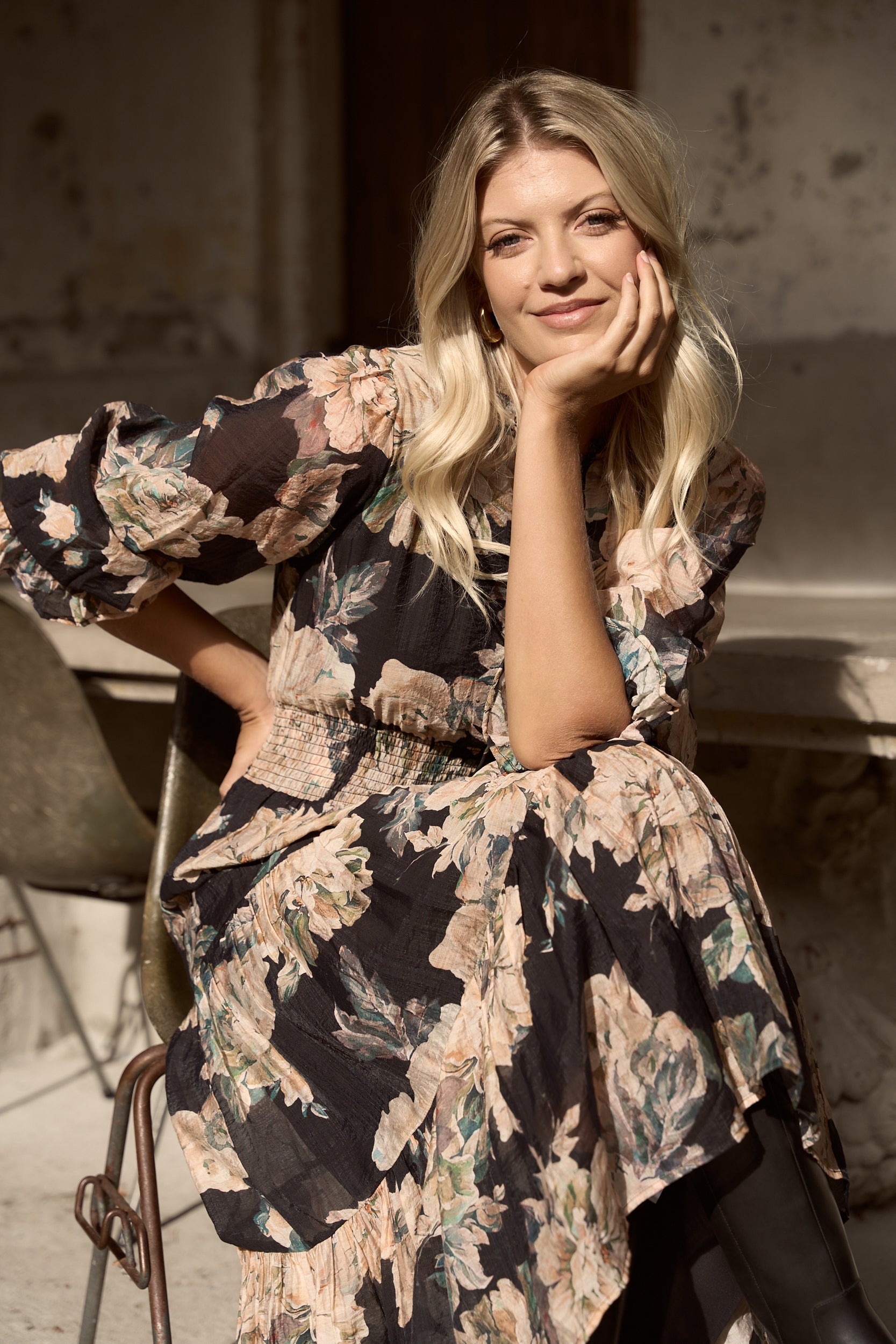 Navy Blue Peach Floral Long Sleeve Shirred Waist Tiered Maxi Dress for Women - Boho Chic Summer Beach Wedding Guest Outfit