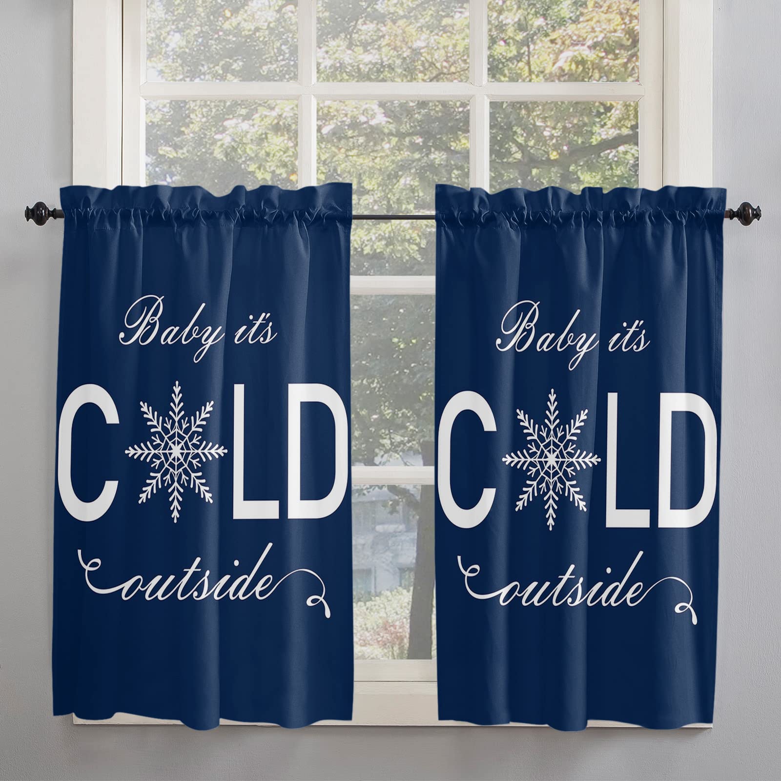 Snowflake Window Curtains for Christmas Decor - Navy Blue Light Filtering Panels (84