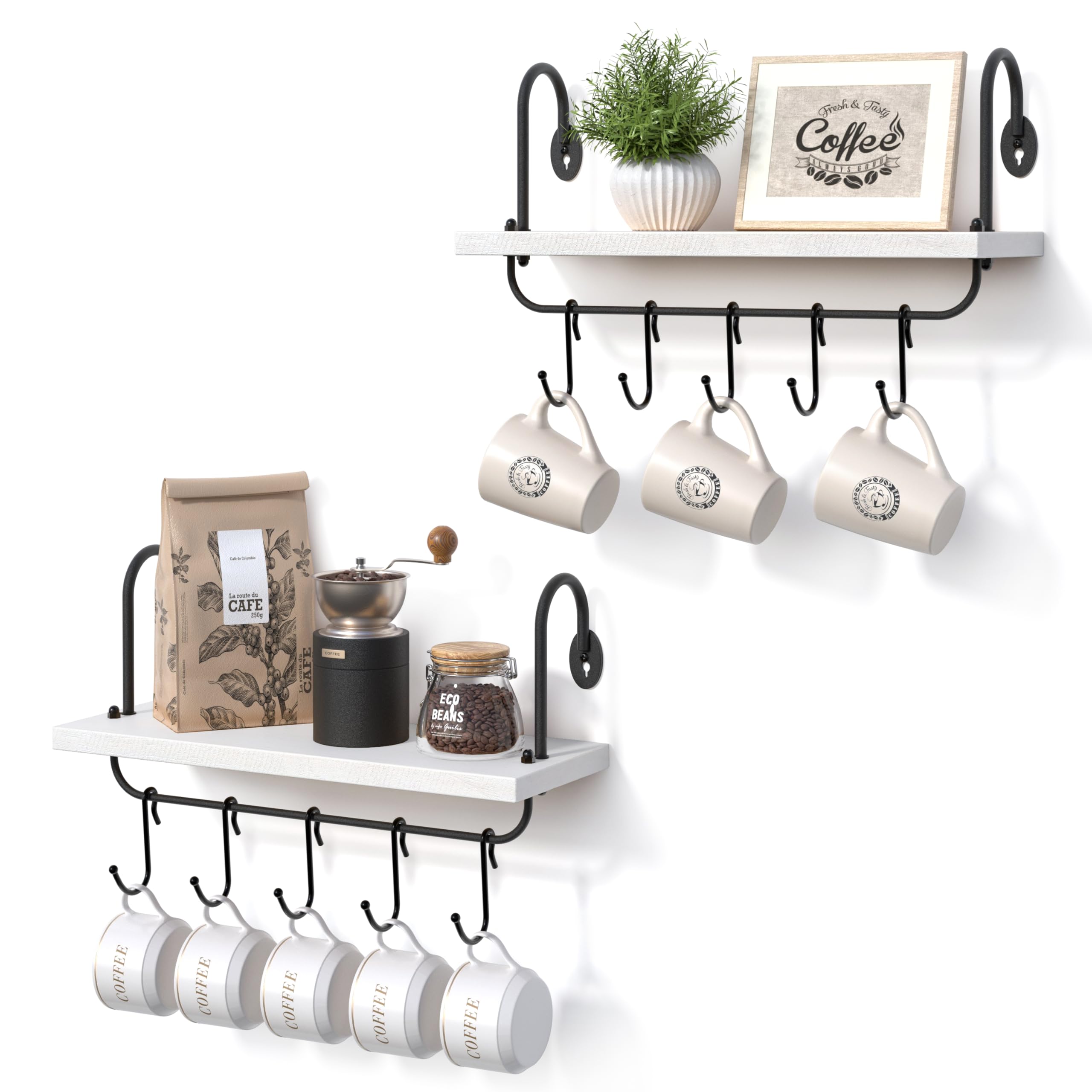 Olakee Set of 2 Floating Wall Shelves - 17x5.9 Inch Rustic Wooden Shelves with 10 Adjustable Hooks for Kitchen, Bathroom, Coffee Nook - Perfect for Mugs, Cooking Utensils, Towels & Home Organization (White) - Ideal for Small Space Storage & Farmhouse Decor