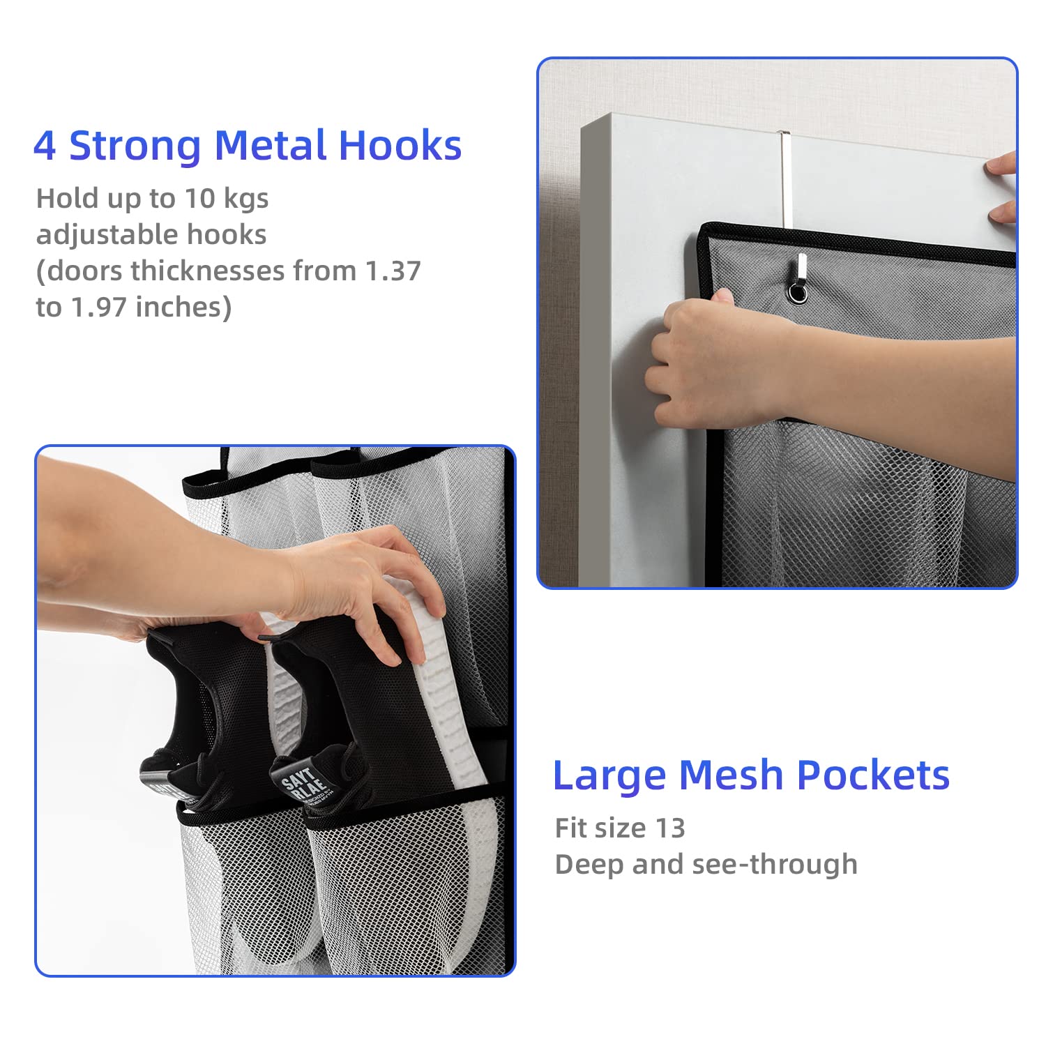 KEEPJOY Over The Door Shoe Organizer with 14 Deep Mesh Pockets & 4 Hooks - Space Saving Closet Storage for Shoes, Accessories & More (Grey, 2-Pack) - Perfect for Bedrooms, Closets, Dorms & Small Spaces