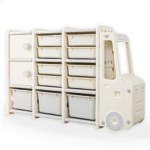 Triplevo Kids Car-Shaped Toy Storage Shelf with 11 Bins - Multifunctional Organizer for Toys, Books & Clothes | Perfect for Bedroom, Playroom & Nursery Organization (Toddler Storage Solution)