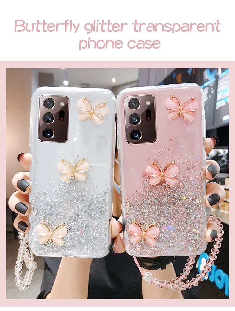 Samsung Galaxy Note 20 Ultra Crossbody Phone Case - Sparkling Butterfly Glitter Bling Design with Diamond Paillettes | Soft Flexible Silicone Protective Cover | Includes Adjustable Neck Lanyard Strap (Pink) - Perfect for Hands-Free Use While Shopping, Traveling, or Attending Events