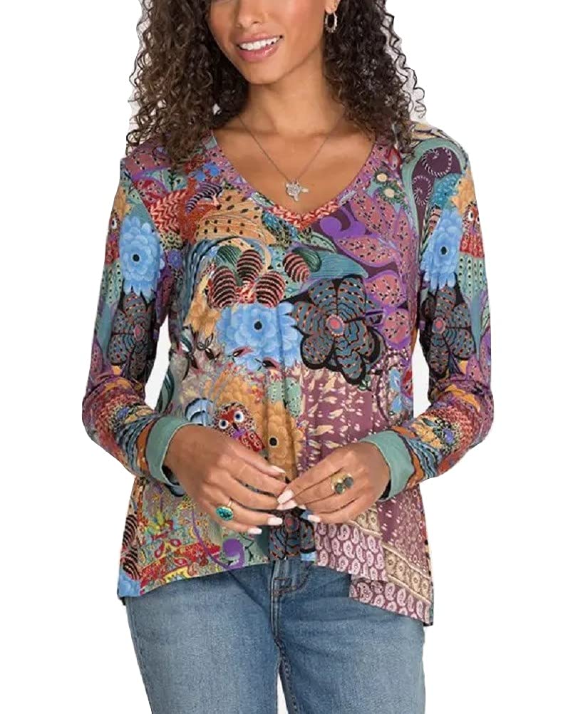 Johnny Was Women's Long Sleeve V-Neck Blouse - Boho Floral Print Cotton Top for Casual Wear & Office Outfits