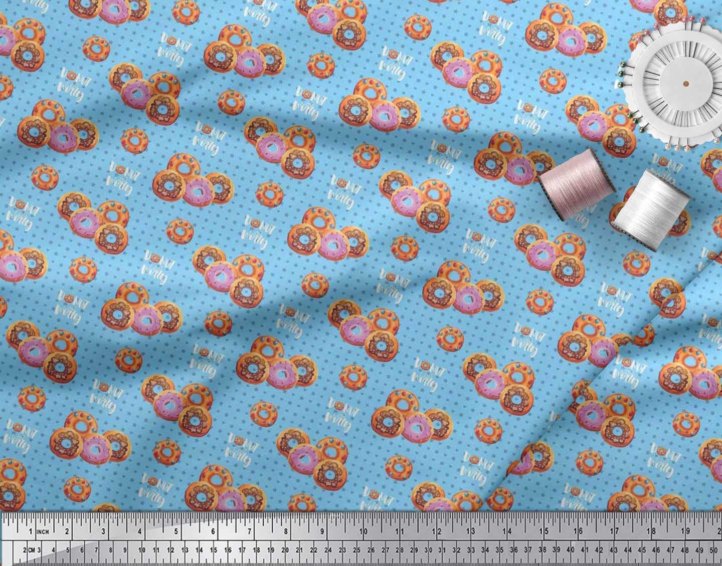 Soimoi Blue Silk Fabric by The Yard - 42 Inch Wide - Star Heart Donut Print Food Pattern Material - Whimsical Romantic Design for DIY Crafts, Sewing Projects, Quilting, and Home Decor
