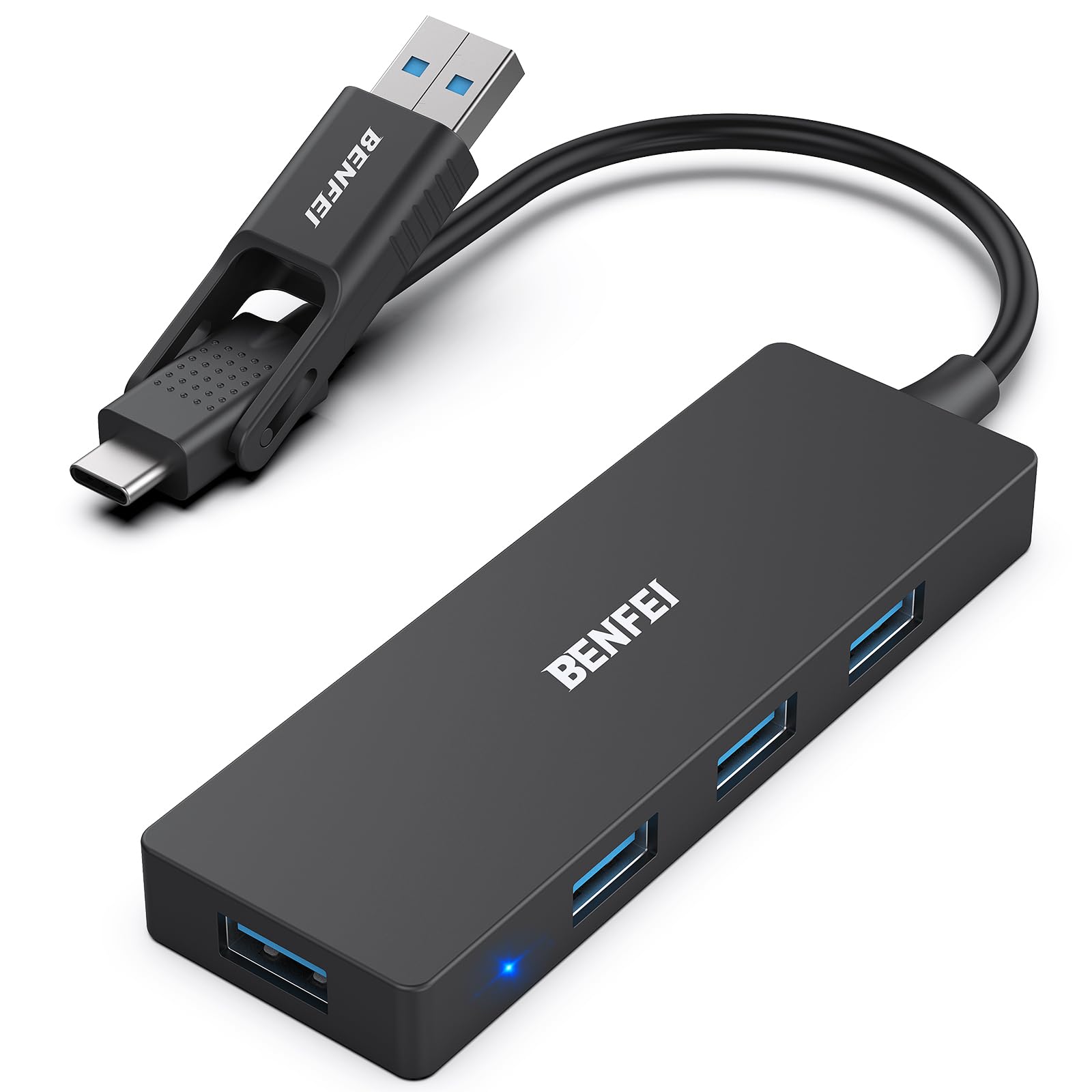 BENFEI 4-Port USB 3.0 Ultra Slim Hub with USB-C Adapter - 5Gbps High Speed Data Transfer - Compatible with iPhone 15 Pro/Max, MacBook Pro/Air 2023, iPad Pro, iMac, XPS 17 - Perfect for Home Office, Travel & Multi-Device Charging