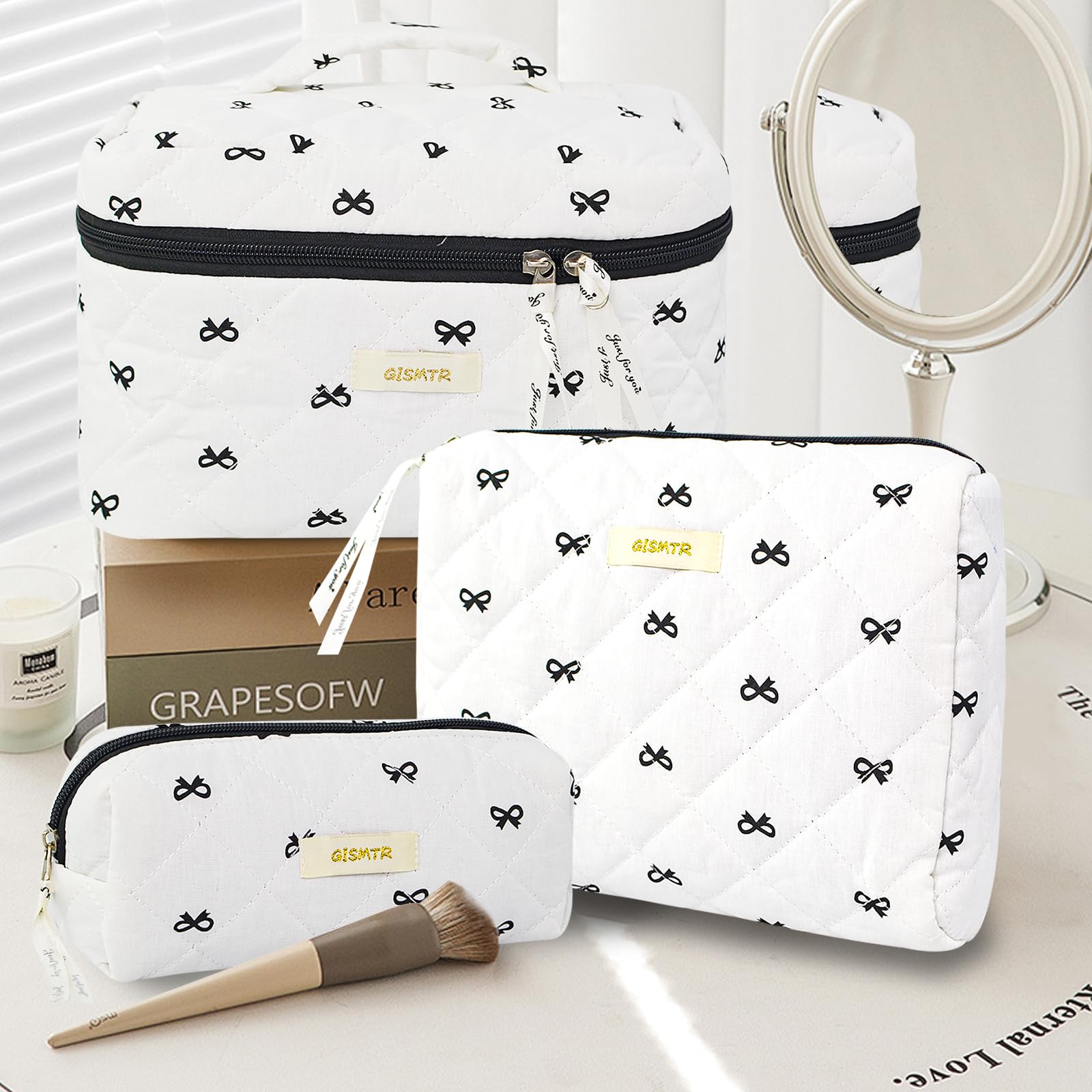 3PC Quilted Makeup Bag Set - Large Cotton Cosmetic Organizer for Travel & Toiletries