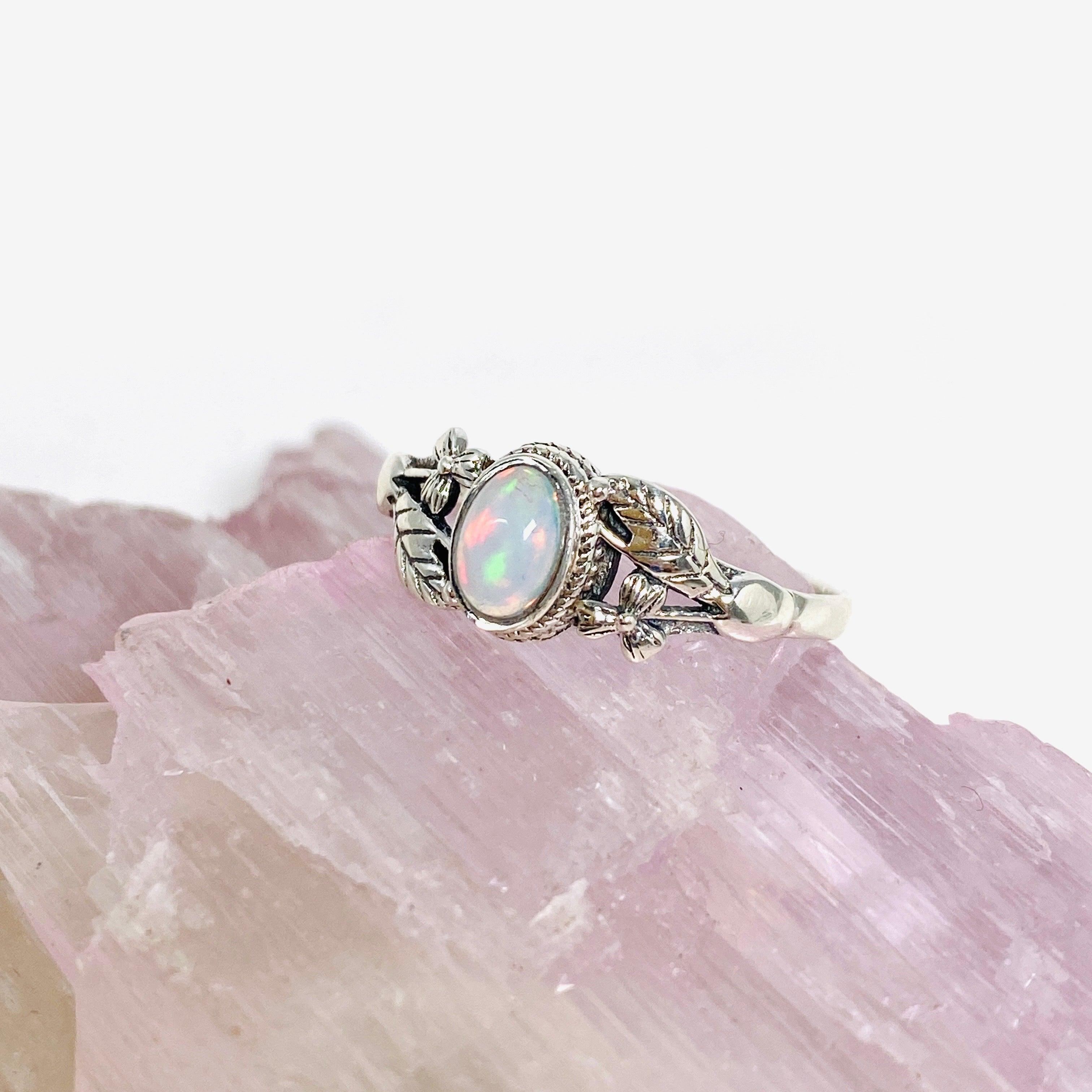 Ethiopian Opal Silver Leaf Ring KRGJ3000 - Elegant Jewelry for Women, Perfect for Weddings, Parties & Special Occasions