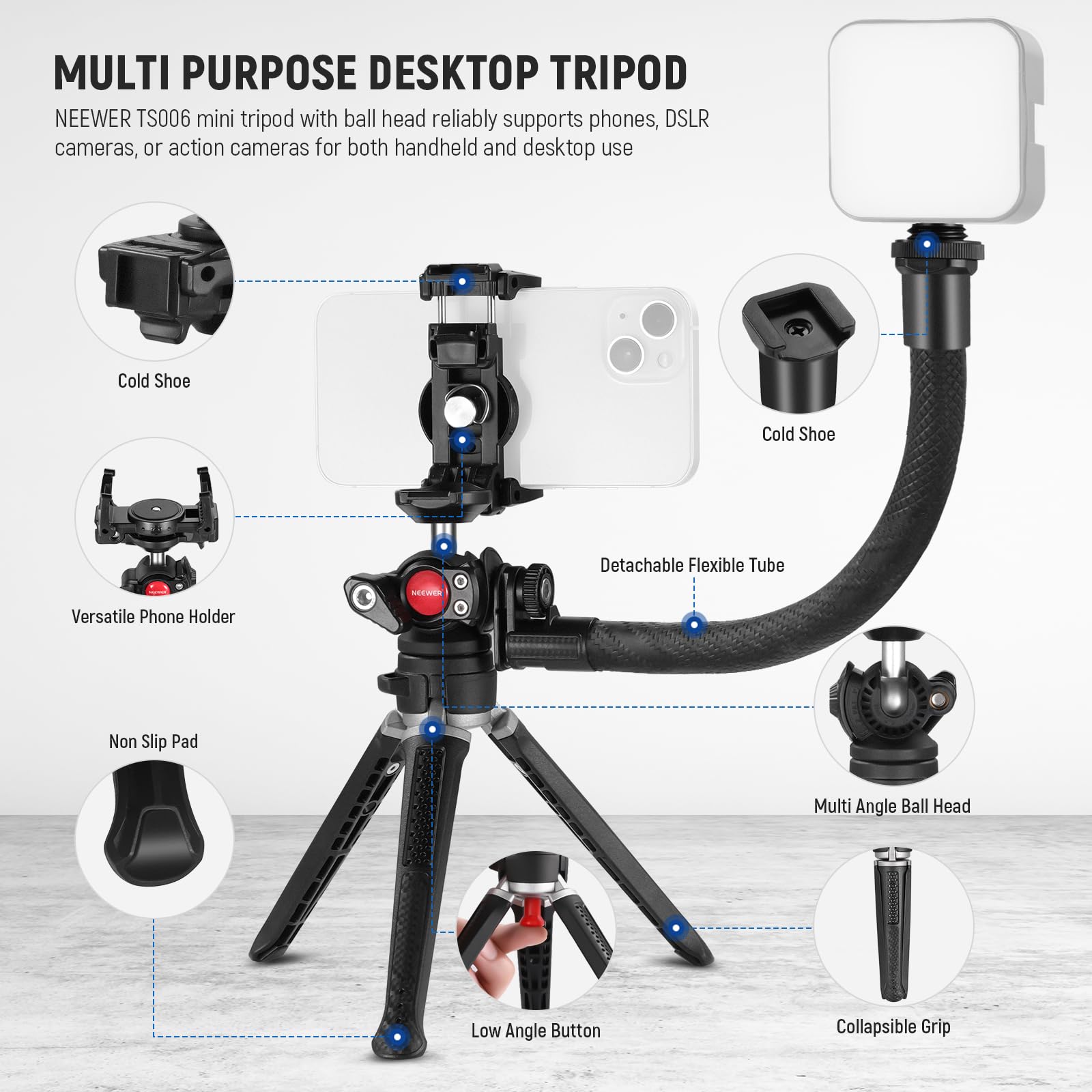 NEEWER TS006 Mini Desktop Tripod Stand - Compact Lightweight Aluminum Alloy Camera Tripod for DSLR Cameras, Smartphones, Webcams, and Vlogging - Perfect for Home Office, YouTube Streaming, Travel Photography & Video Shooting