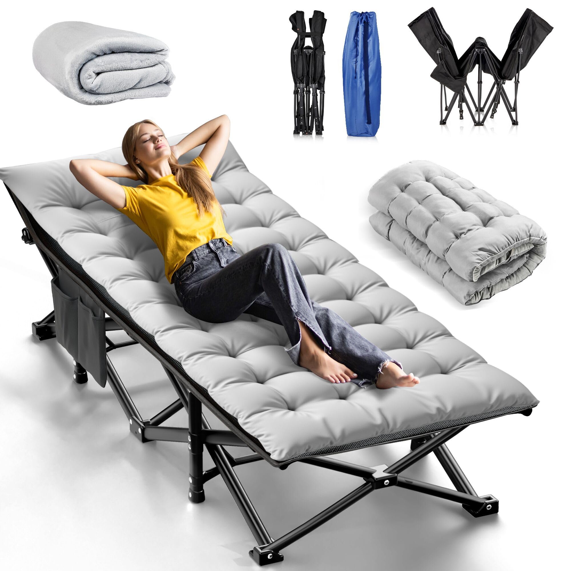 Heavy Duty Folding Camping Cot for Adults - 1200D Double Layer Oxford Fabric with Flannel Blanket - Supports 550LBS - Portable Sleeping Cot for Camping, Travel, Home, Office & Beach Nap