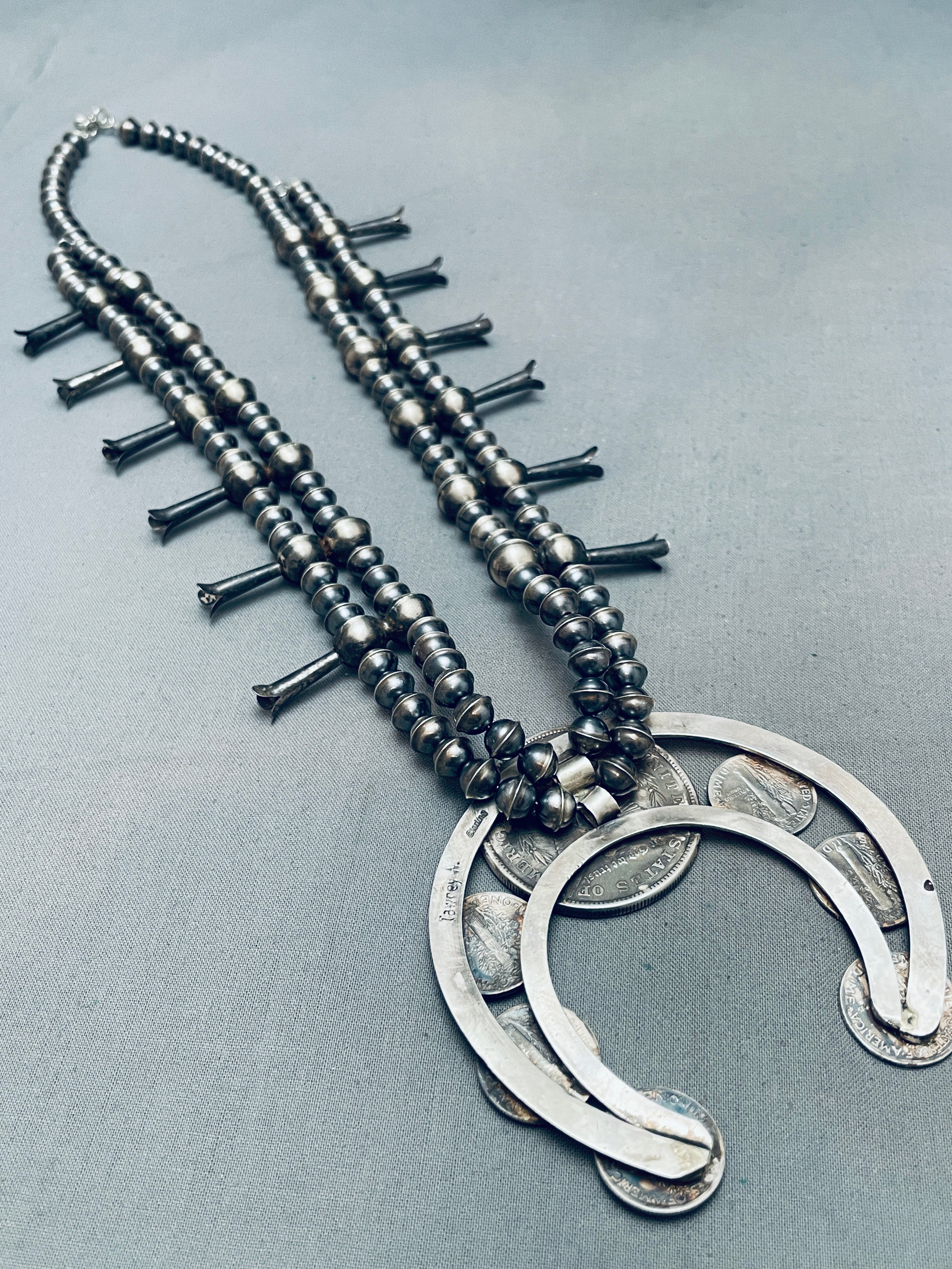 Vintage Navajo Sterling Silver Squash Blossom Necklace - 127g Authentic Native American Coin Jewelry - Perfect for Boho Fashion, Western Wear & Special Occasions