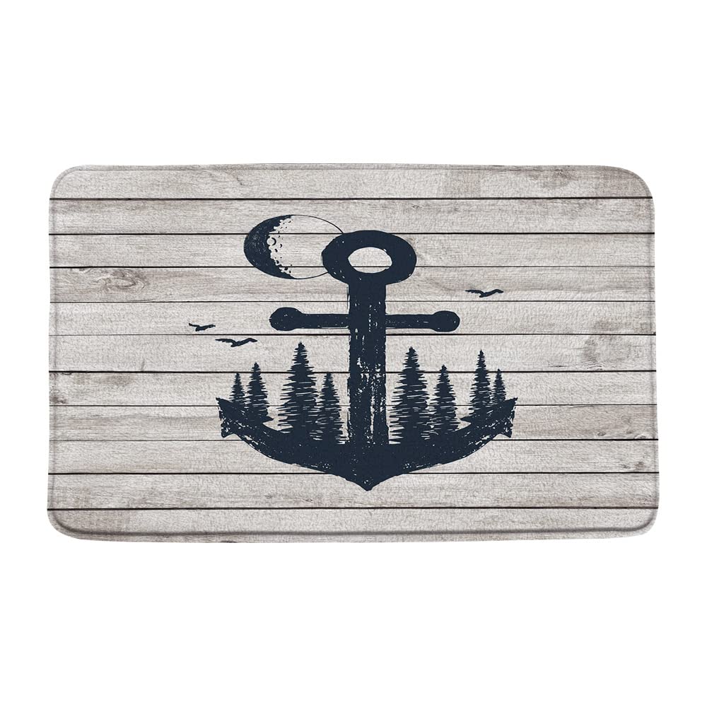 Vintage Nautical Anchor Bath Mat - Navy Blue Rustic Wooden Board Design with Weathered Planks & Marine Theme - 15.7