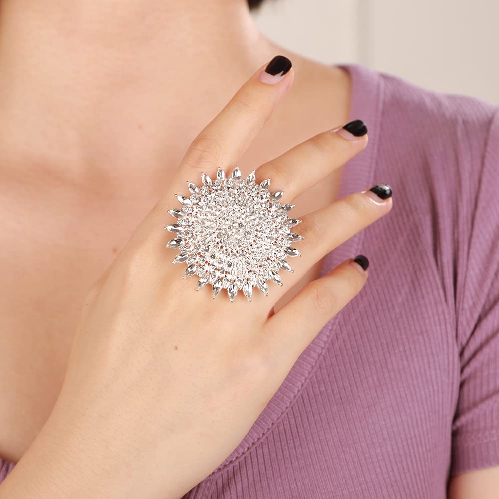 YERTTER Boho Silver Thick Big Round Gemstone Ring - Adjustable Crystal Ethnic Statement Ring for Women - Vintage Rhinestone Band Jewelry for Wedding, Brides, Party & Special Occasions (Silver)