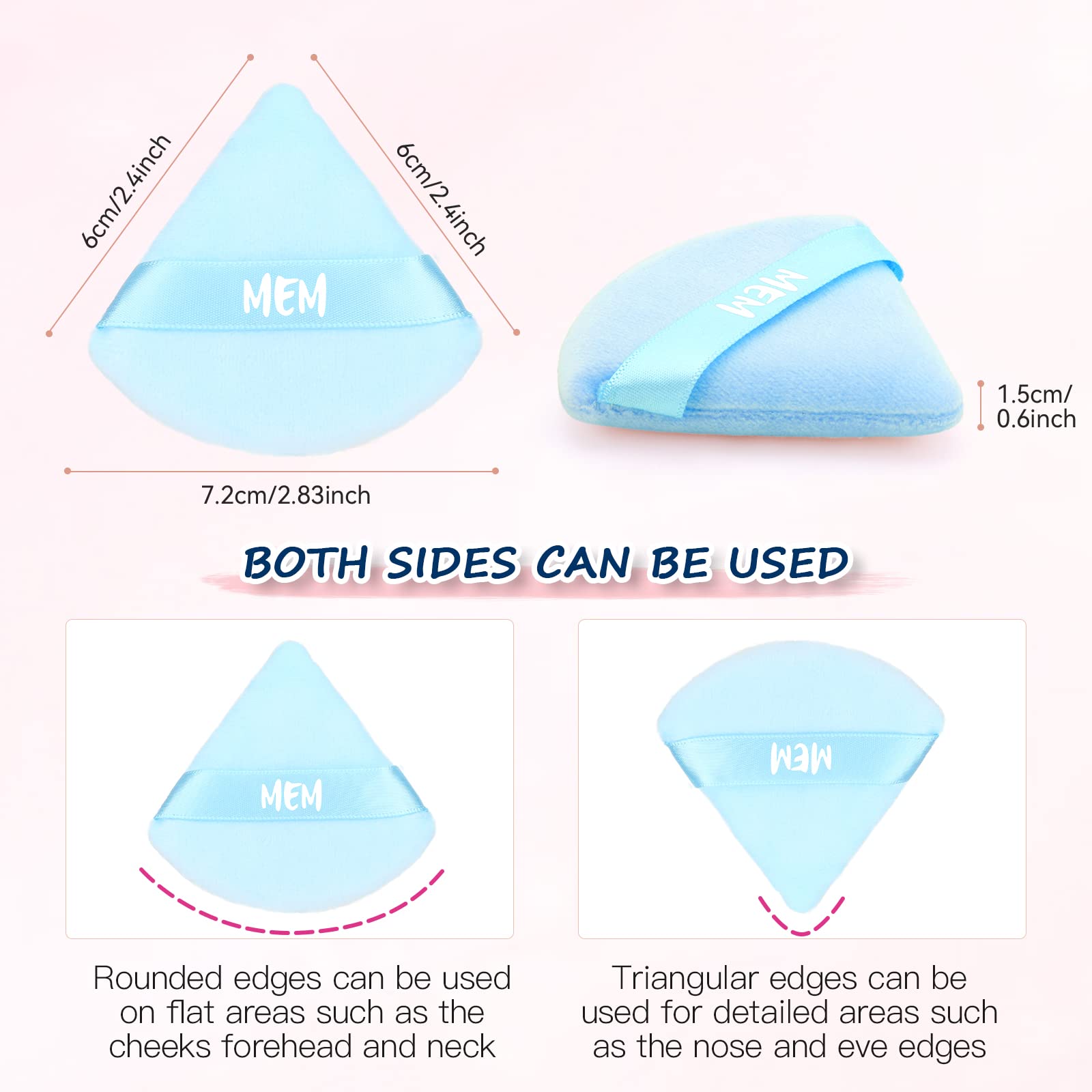 8-Piece MEM Triangle Powder Puff Set - Soft Velour Makeup Sponges for Loose & Pressed Powder Application (Wet/Dry Use) | Skin-Friendly Beauty Blenders with Satin Ribbon Handle | Perfect for On-the-Go Touchups & Professional Makeup Application