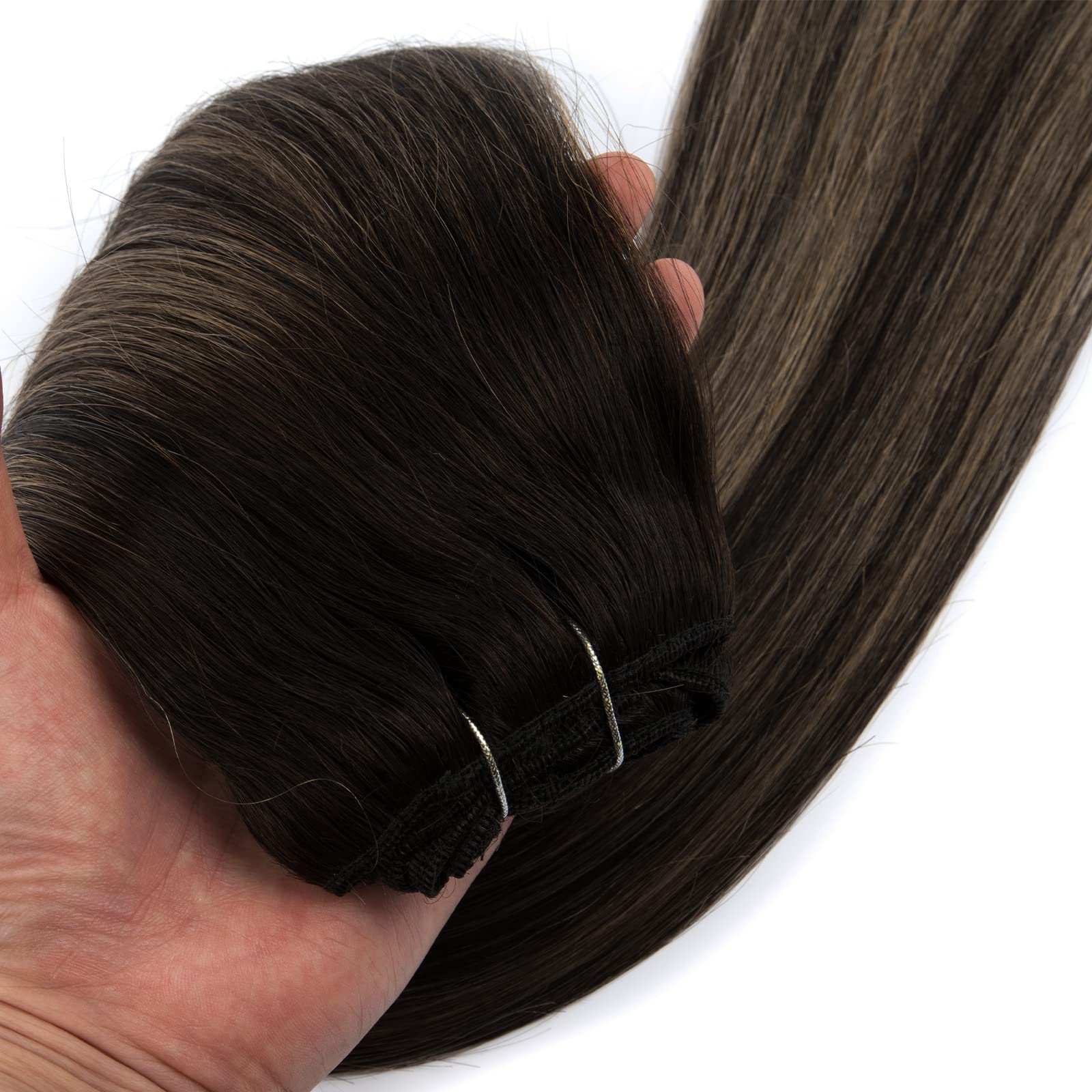 Ombre Natural Black to Honey Ash Blonde Clip-In Human Hair Extensions 14 Inch 120g 7pcs - Straight Real Hair Extensions for Short Hair - Perfect for Daily Styling, Parties & Special Occasions