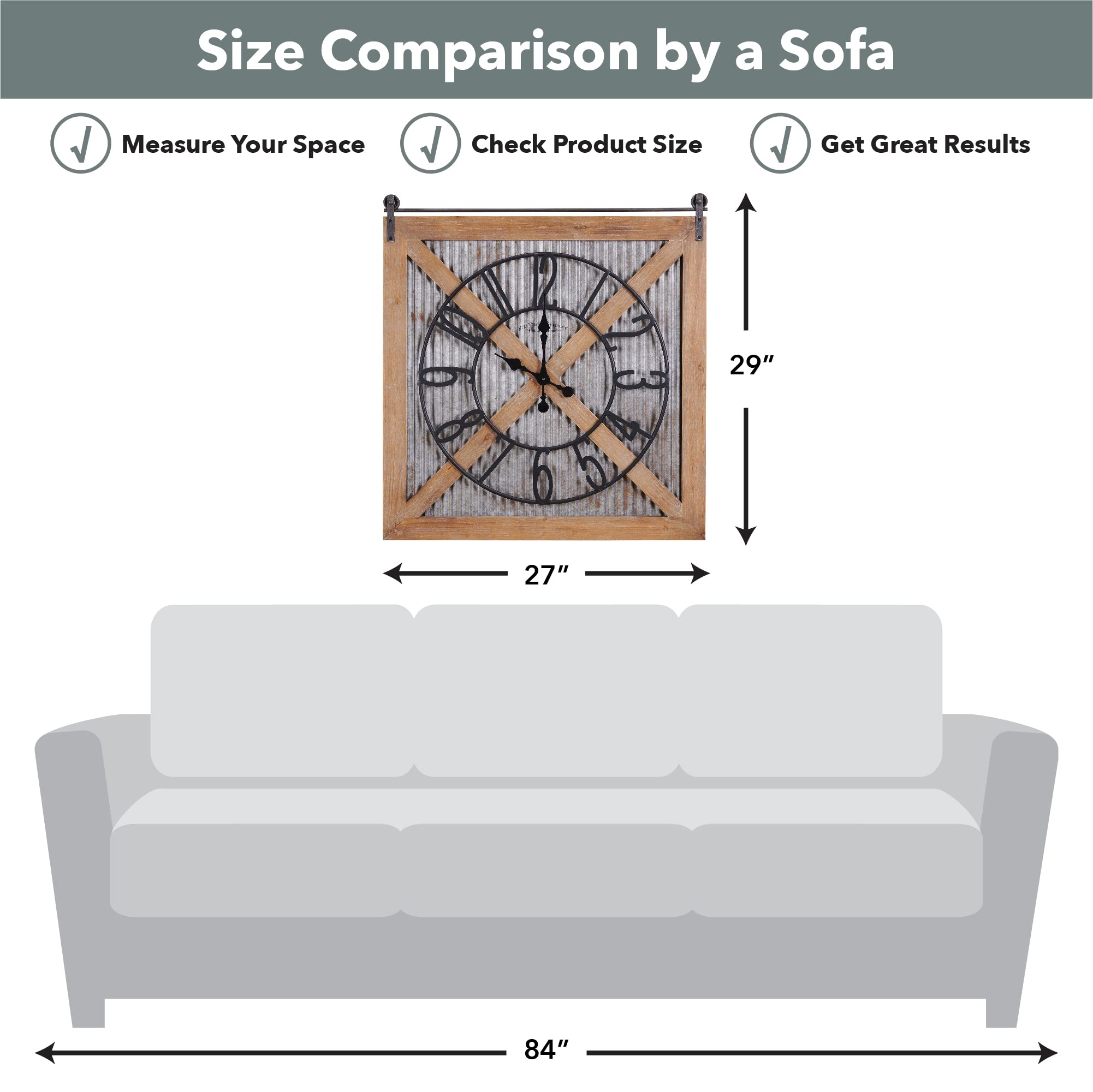 FirsTime & Co. Brown and Silver Fieldhaven Barn Door Wall Clock - 29 x 27 Inch Square Farmhouse Decor for Home Office, Kitchen, Living Room, Bedroom - Rustic Wood and Metal Wall Clock Perfect for Country Style Homes and Cozy Spaces