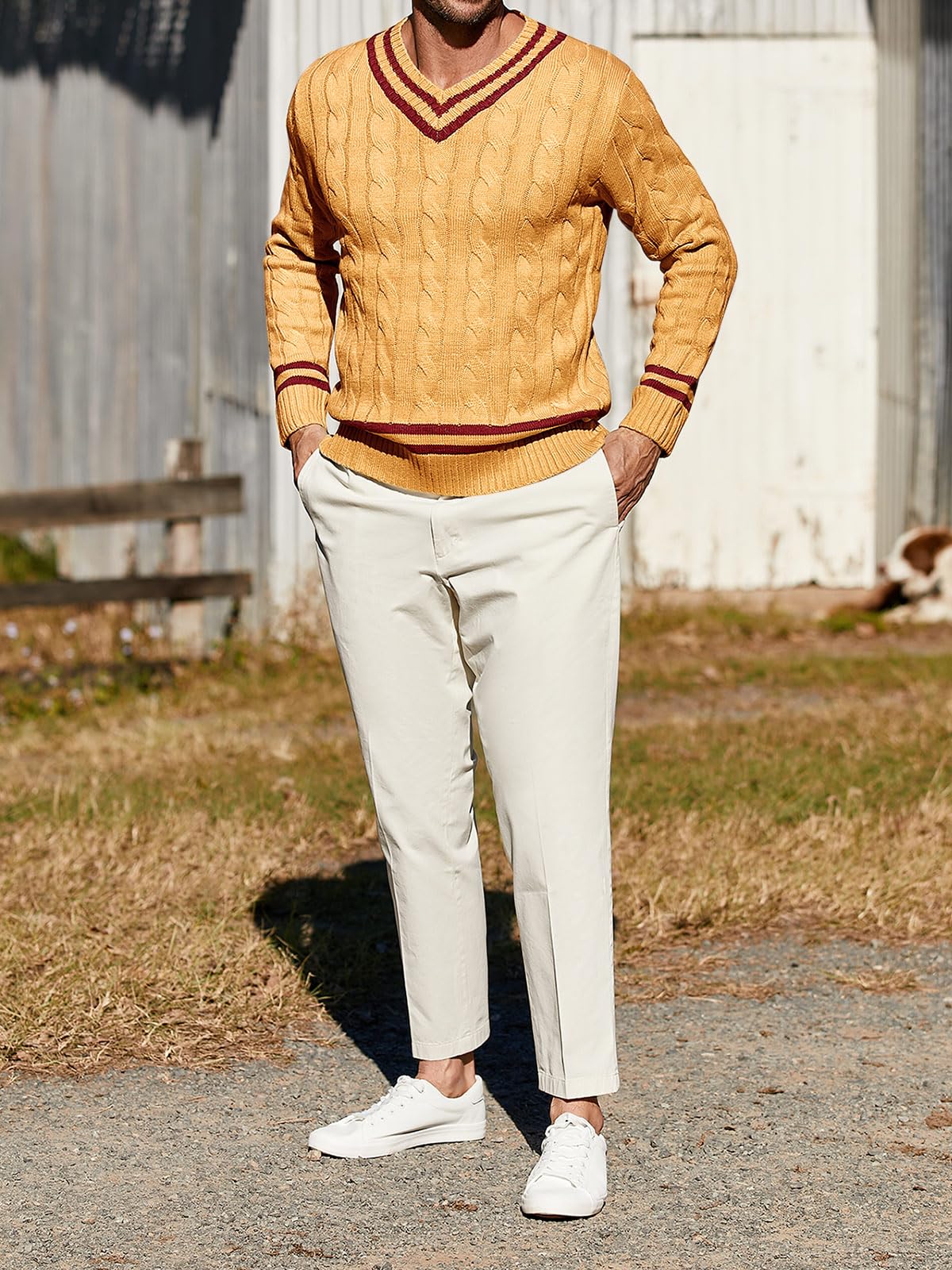 Makkrom Men's Slim Fit V-Neck Pullover Sweater - Ribbed Knit Cable Design for Casual & Business Wear - Perfect for Office, Dates & Winter Outfits