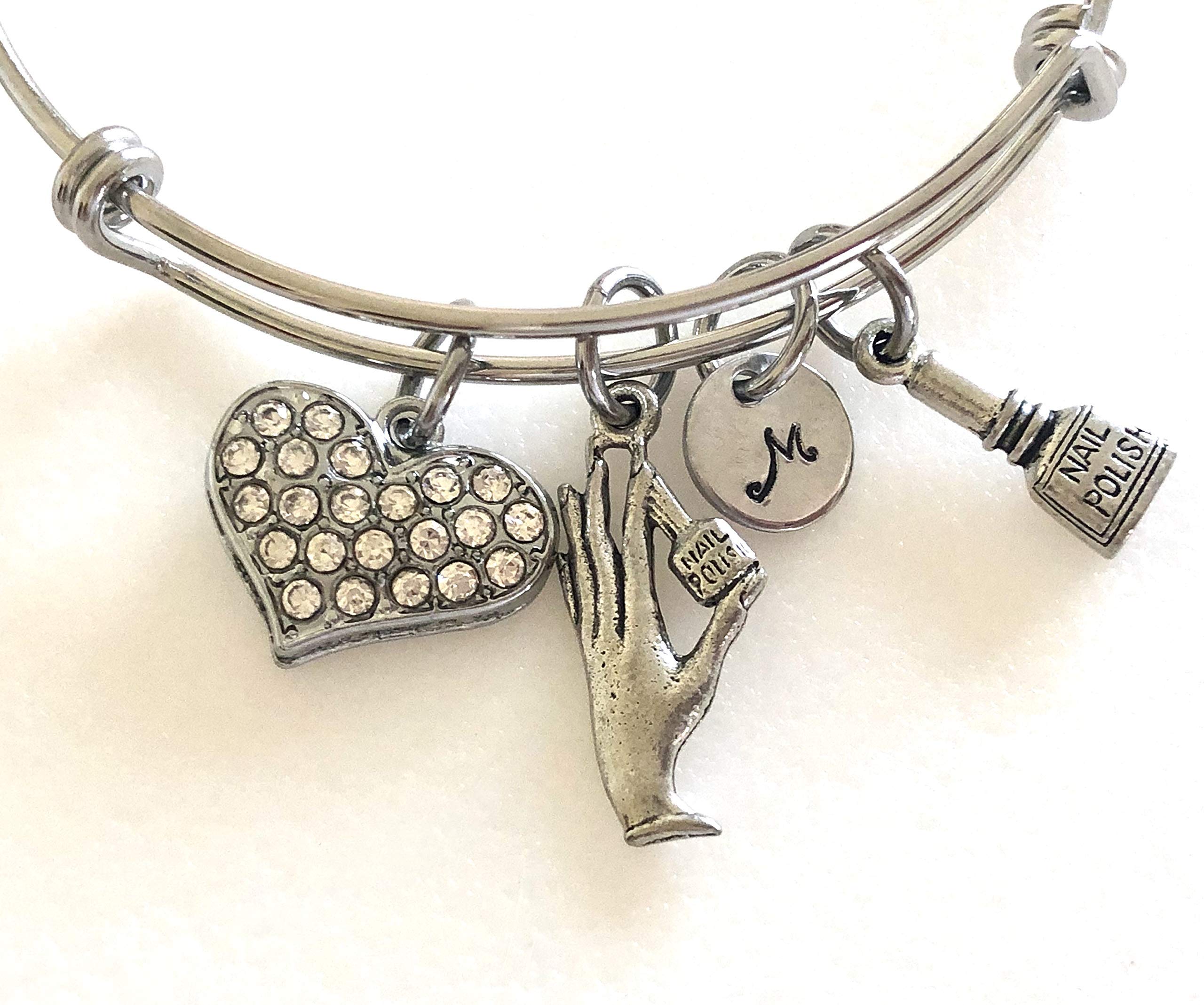 Manicurist Bangle Bracelet - Adjustable Nail Tech Jewelry with Personalized Initial - Perfect Gift for Nail Artists & Spa Professionals - Ideal for Salons, Apprentices & Beauty Enthusiasts