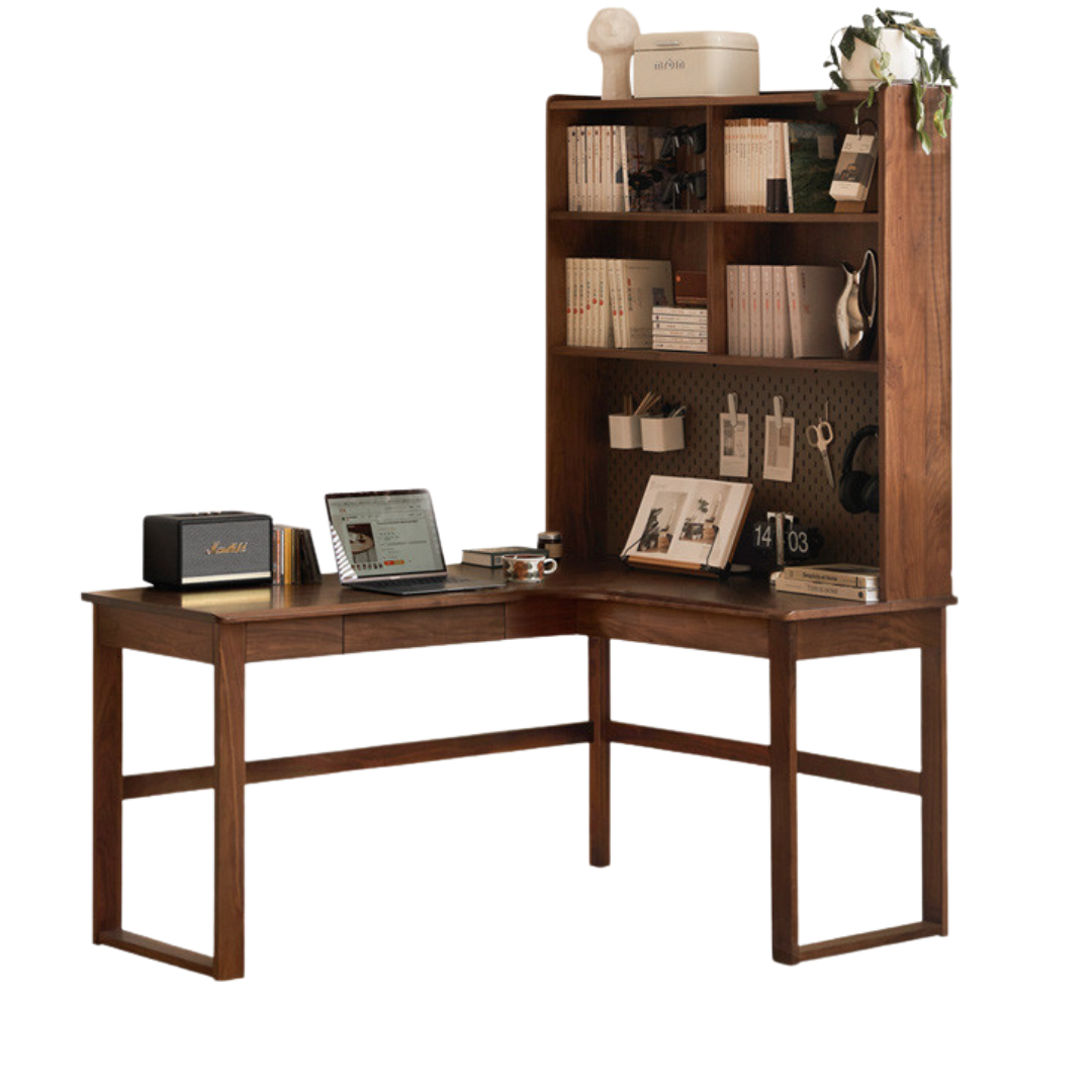 Solid Black Walnut & Oak Wood Corner Desk Bookshelf - Stylish Home Office Storage for Books, Decor & Essentials