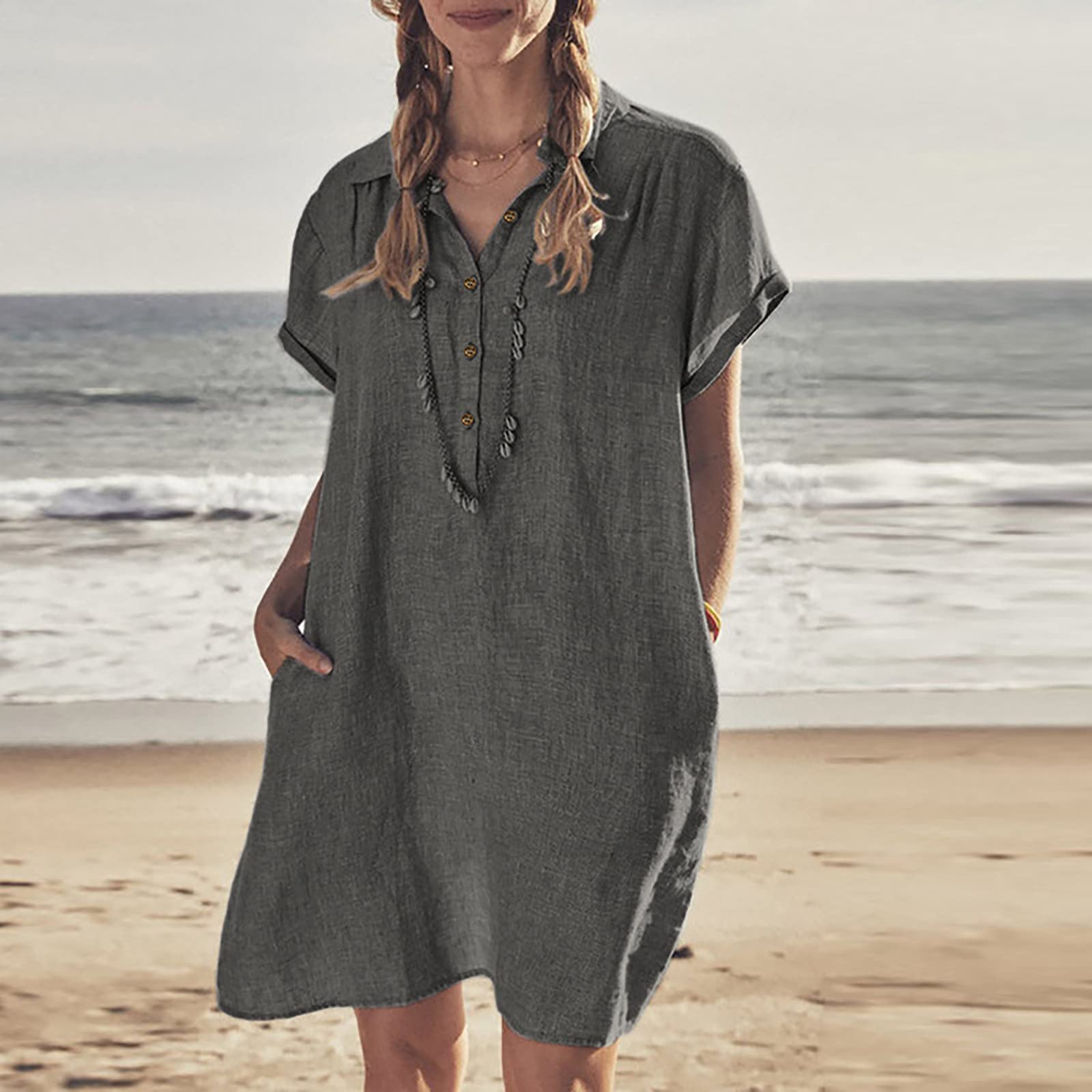 Linen Shirt Dress for Women - Short Sleeve Button Up with Pockets | Beach & Summer Wear