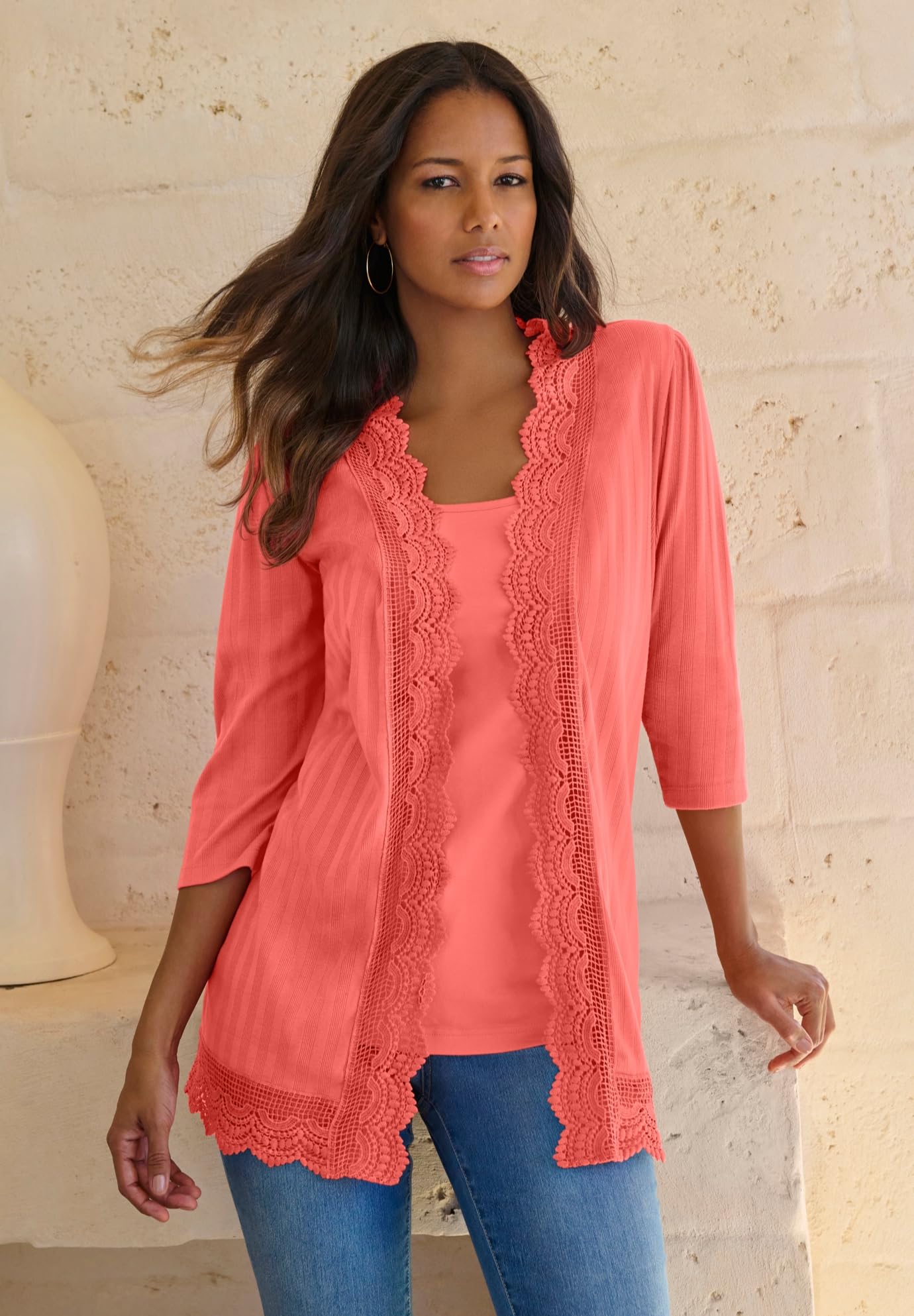 Romantic Plus Size Crochet Trim Pointelle Cardigan for Women - Cozy Layering Piece for Fall & Winter Outfits