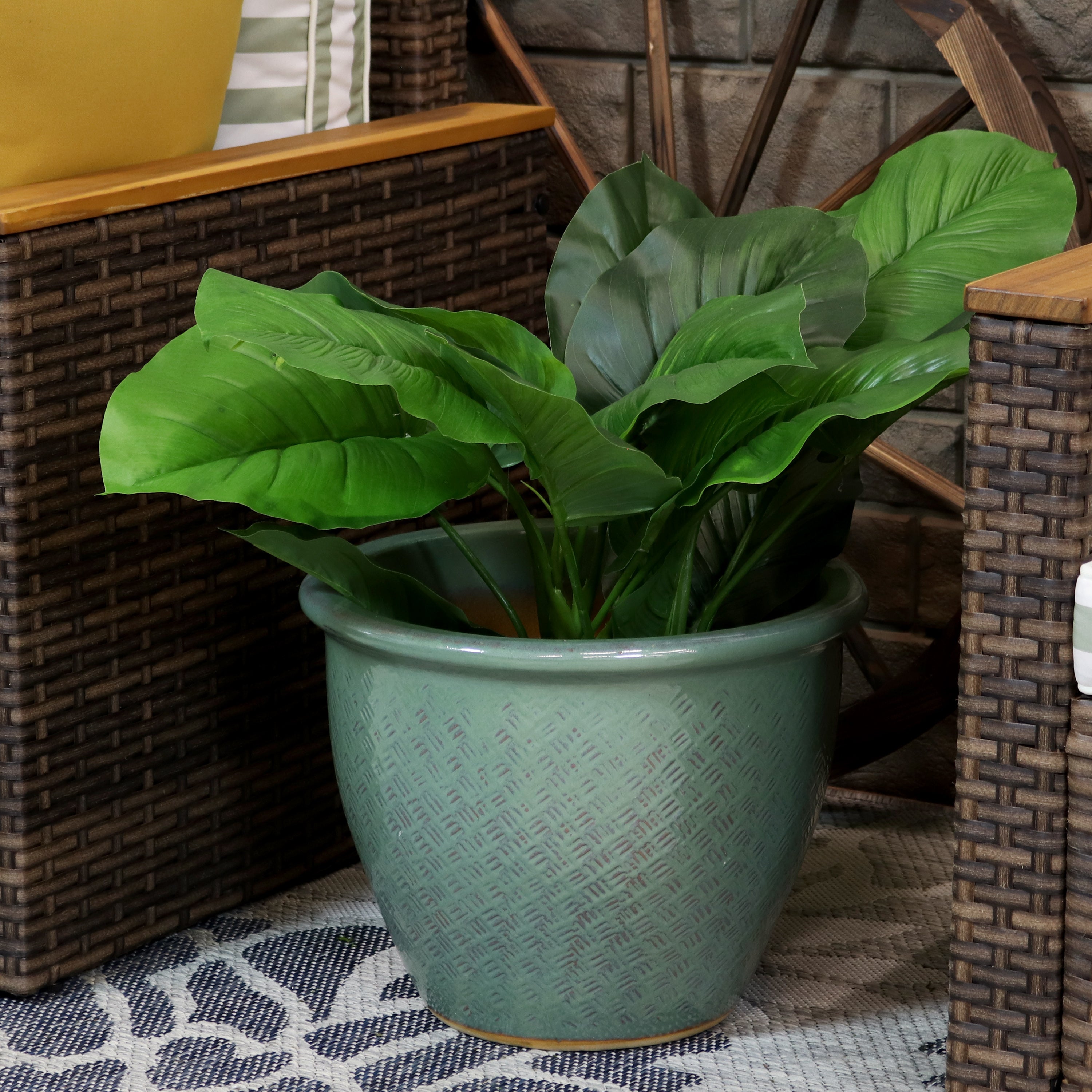 Sunnydaze Ocean Villa Glazed Ceramic Planter with Drainage Hole - 15 Inch Indoor/Outdoor Flower Pot for Succulents, Herbs & Houseplants - Perfect for Patio, Garden & Home Decor