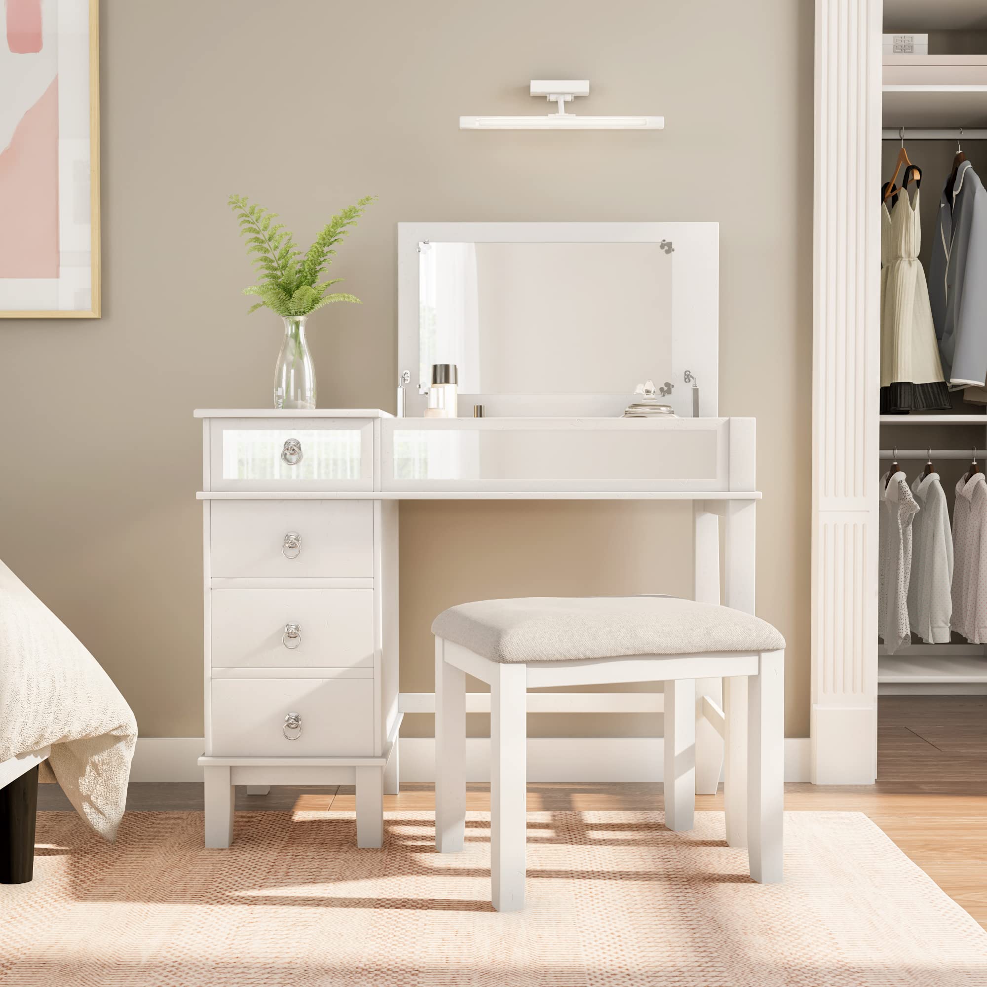 Linon White Vanity Set with Mirror & Stool - Elegant Dressing Table for Bedroom, Bathroom & Makeup Area