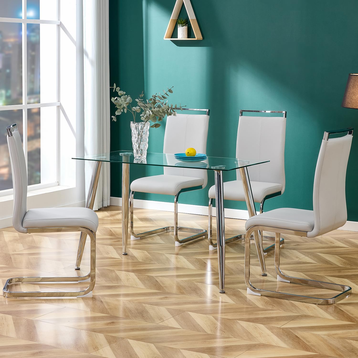 Modern Metal Dining Chairs Set of 2 - High Back Faux Leather Padded Kitchen Chairs with Sturdy Chrome Legs - Light Gray for Dining Room & Breakfast Nook