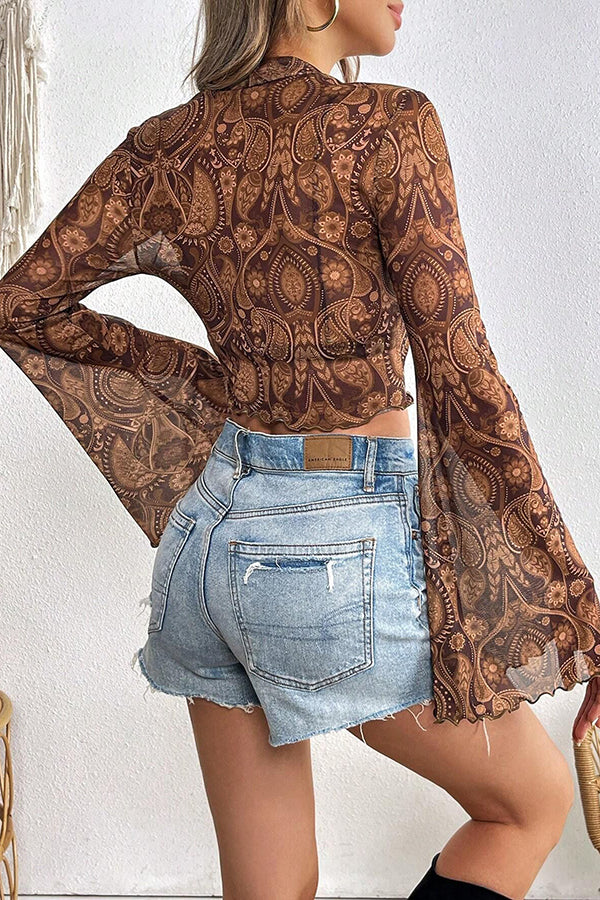 Stylish Printed Mesh Trumpet Sleeve Slim Fit Blouse for Women | Fashionable Party & Evening Wear