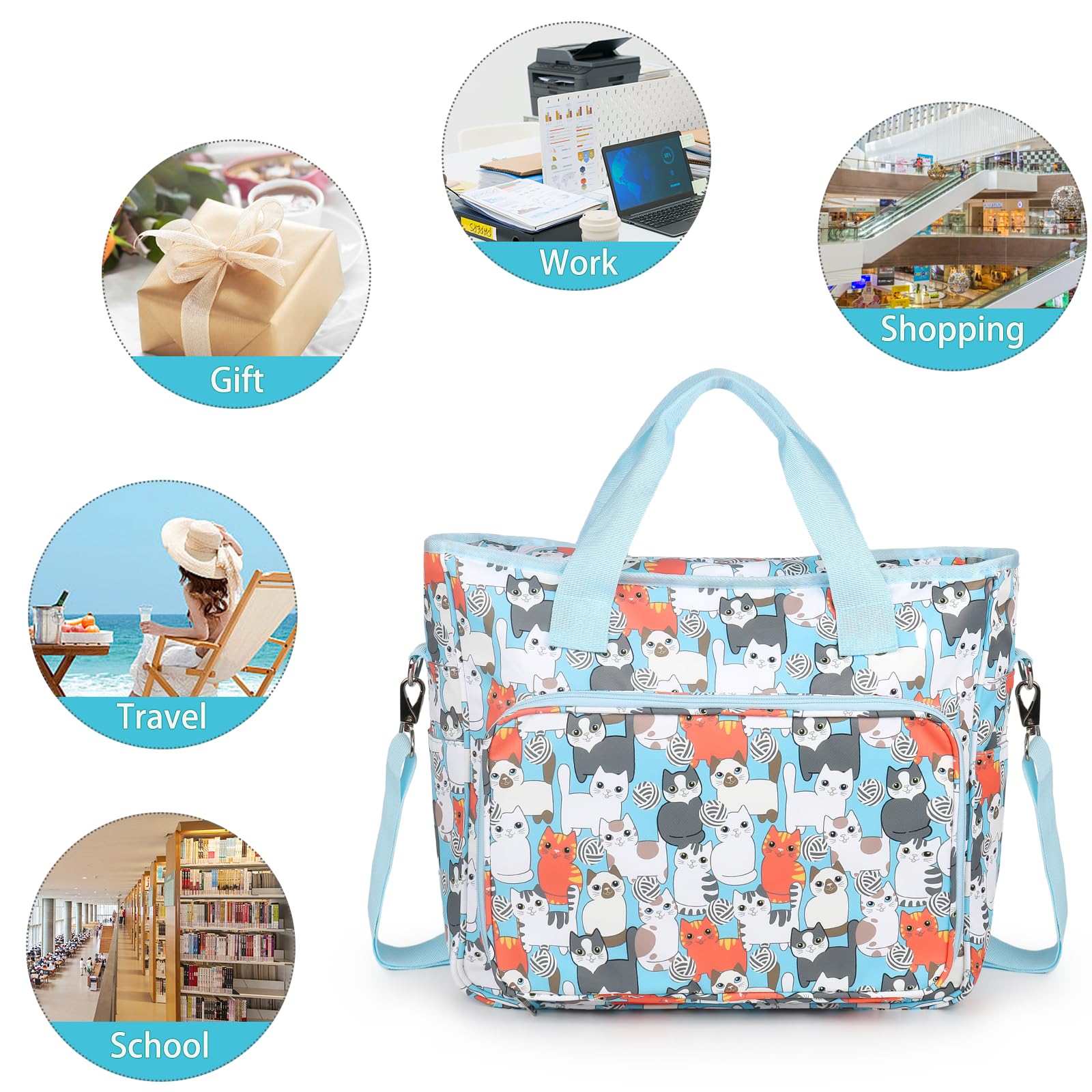 Crochet Bag for Yarn Storage - Large Knitting Tote with Pockets for Needles & Hooks | Travel & Craft Projects - Blue Cat Design