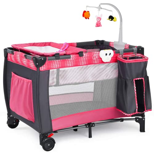 INFANS 3-in-1 Baby Playpen with Bassinet, Changing Table & Mattress - Portable Play Yard with Music Box, Toys & Storage Bag - Nursery Activity Center for Infants & Toddlers (Pink) | Perfect for Home, Travel & Daycare Use