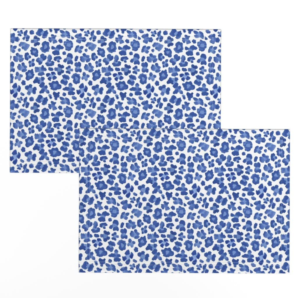 Premium Linen Cotton Canvas Placemats Set of 2 - Blue Leopard Print with White Spots, Cheetah Animal Pattern Table Mats for Dining Decor | Perfect for Dinner Parties, Holiday Tablescapes & Home Decor