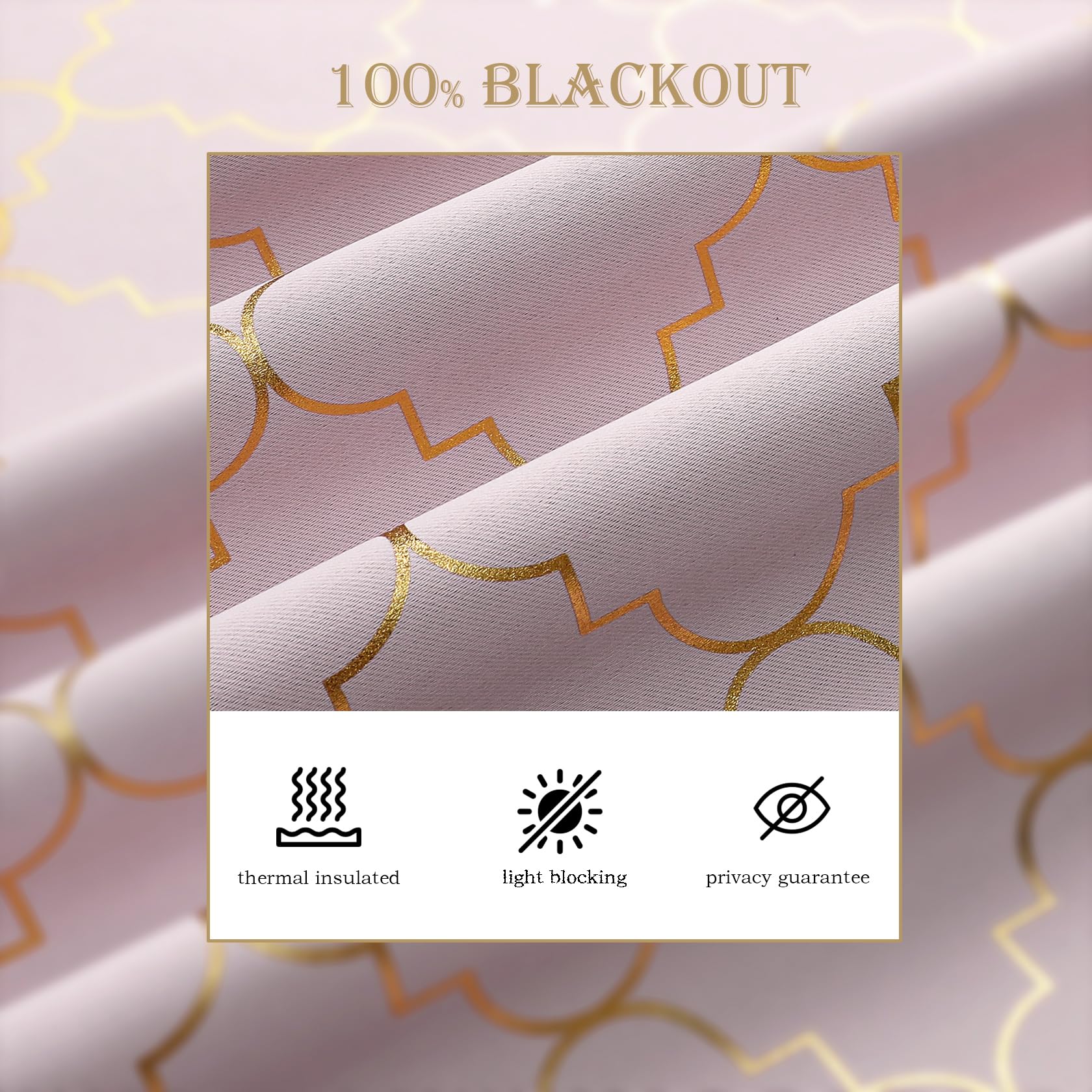 Enactex 100% Blackout Thermal Insulated Curtains - 95 Inch Long Pink Drapes with Gold Geometric Pattern, Room Darkening Grommet Window Panels for Girls Bedroom & Living Room | Perfect for Light Blocking, Privacy & Energy Efficiency