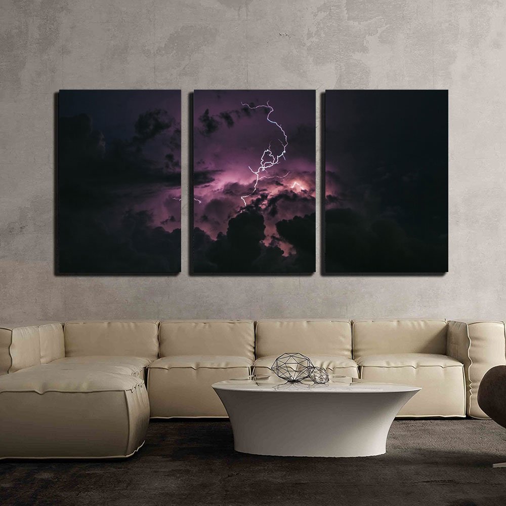 Wall26 - 3 Piece Canvas Wall Art Print of Lightning in Dark Night Sky - Modern Framed Home Decor Ready to Hang (24
