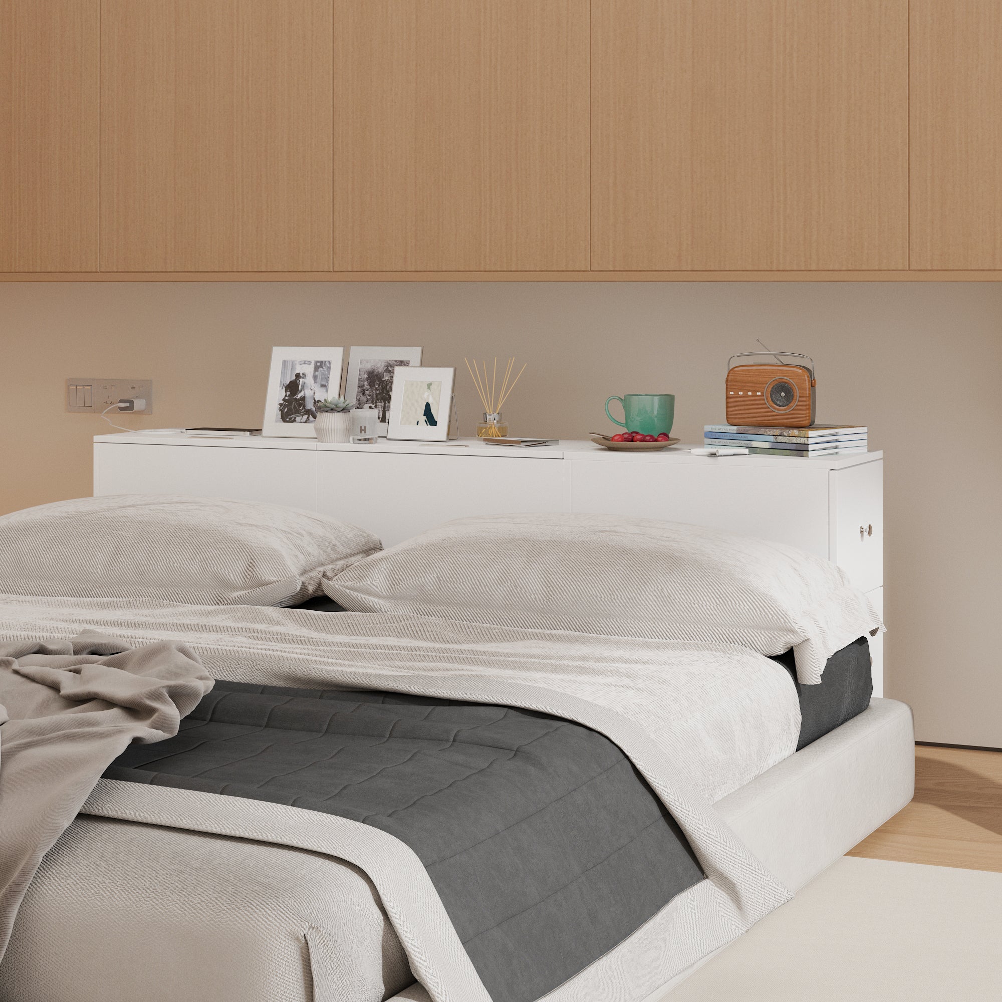 2 Door 2 Drawer Storage Headboard - Space Saving Bedroom Furniture with Built-in Shelves for Books, Alarm Clocks & Bedroom Essentials - Perfect for Small Apartments & Dorm Rooms