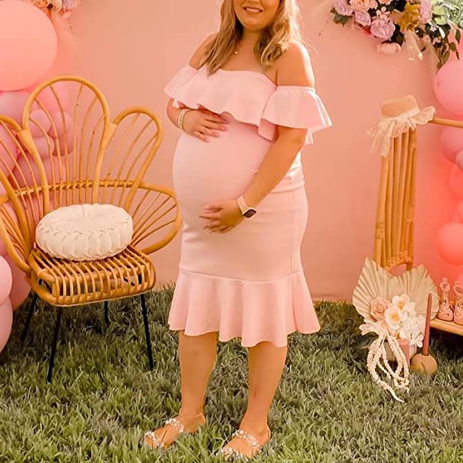 Elegant Off The Shoulder Maternity Dress for Baby Shower - Summer Bodycon Mermaid Midi Dress with Ruffle Short Sleeves for Women | Perfect for Pregnancy Photos, Bridal Showers & Special Occasions
