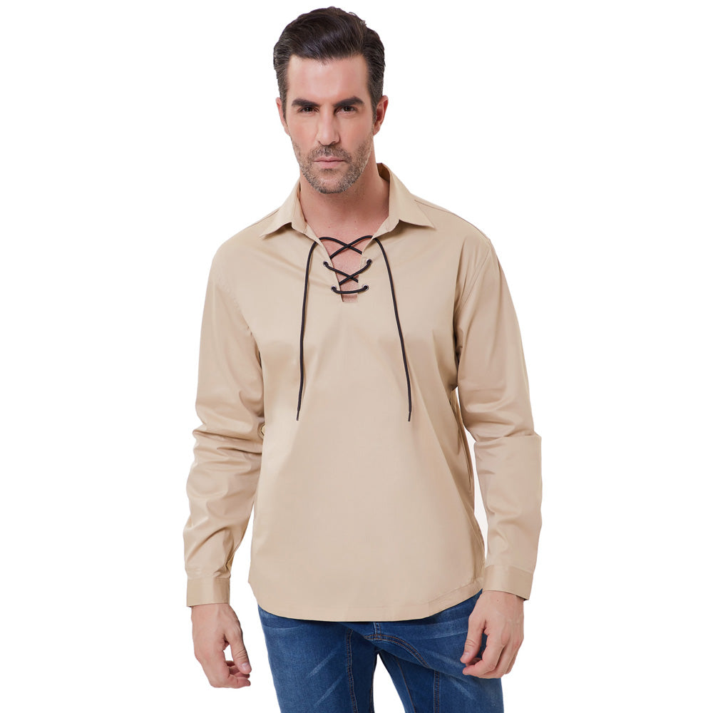 Men's Scottish Jacobite Ghillie Kilt Shirt - Lace Up Pirate Renaissance Pullover Long Sleeve Top for Cosplay, Historical Reenactment & Highland Games