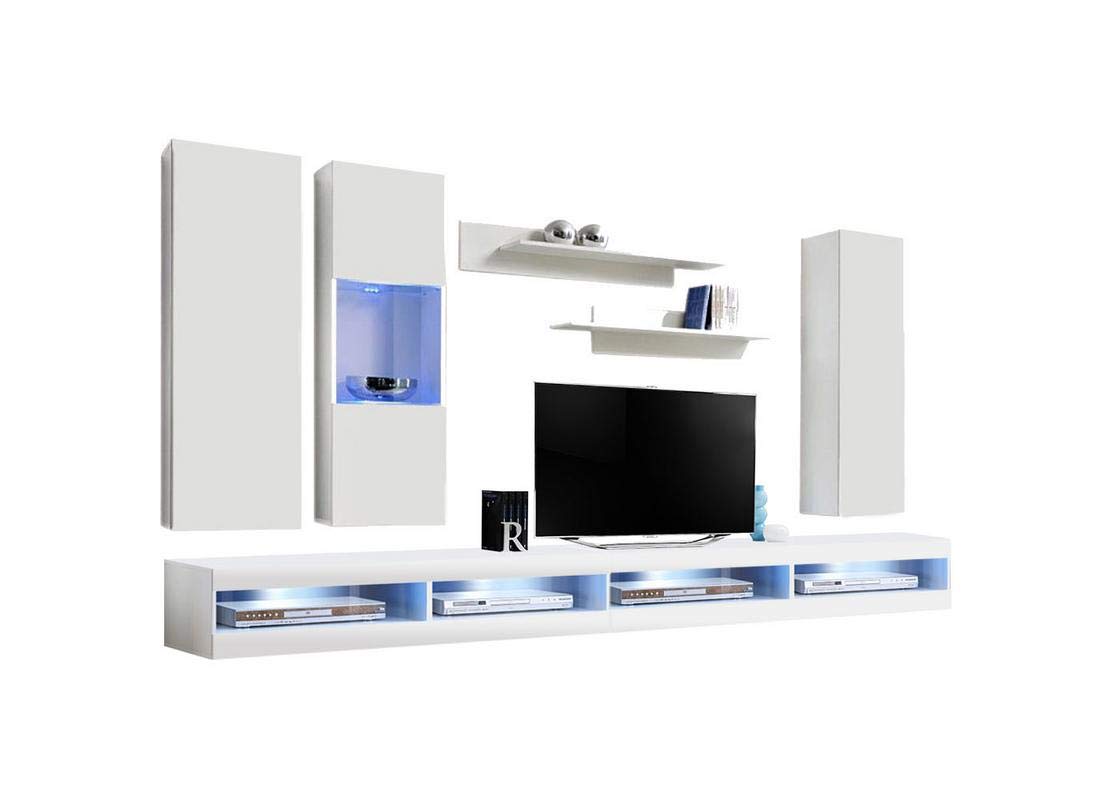 Modern White Wall-Mounted TV Stand with Storage Shelves & LED Lights - 34