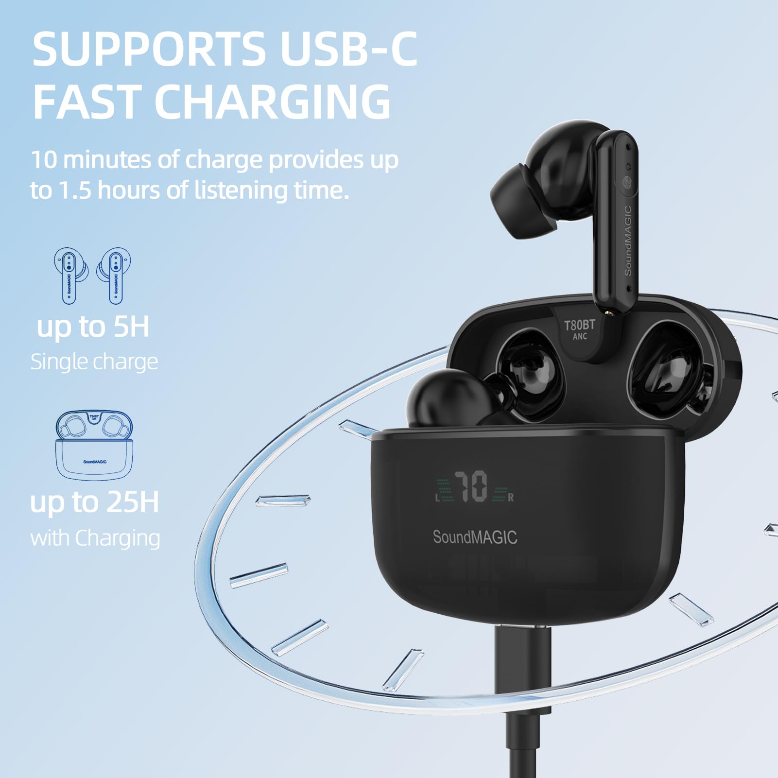 SoundMAGIC T80BT ANC Wireless Earbuds with Active Noise Cancelling, Bluetooth 5.0, Hi-Fi Sound, 30H Playtime - Perfect for Travel, Workouts & Commuting (Black)