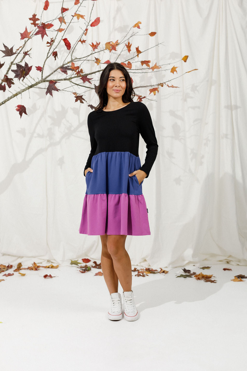 Long Sleeve Kylie Dress in Hyacinth Orchid - Elegant Floral Print Women's Fashion for Parties, Weddings & Special Occasions