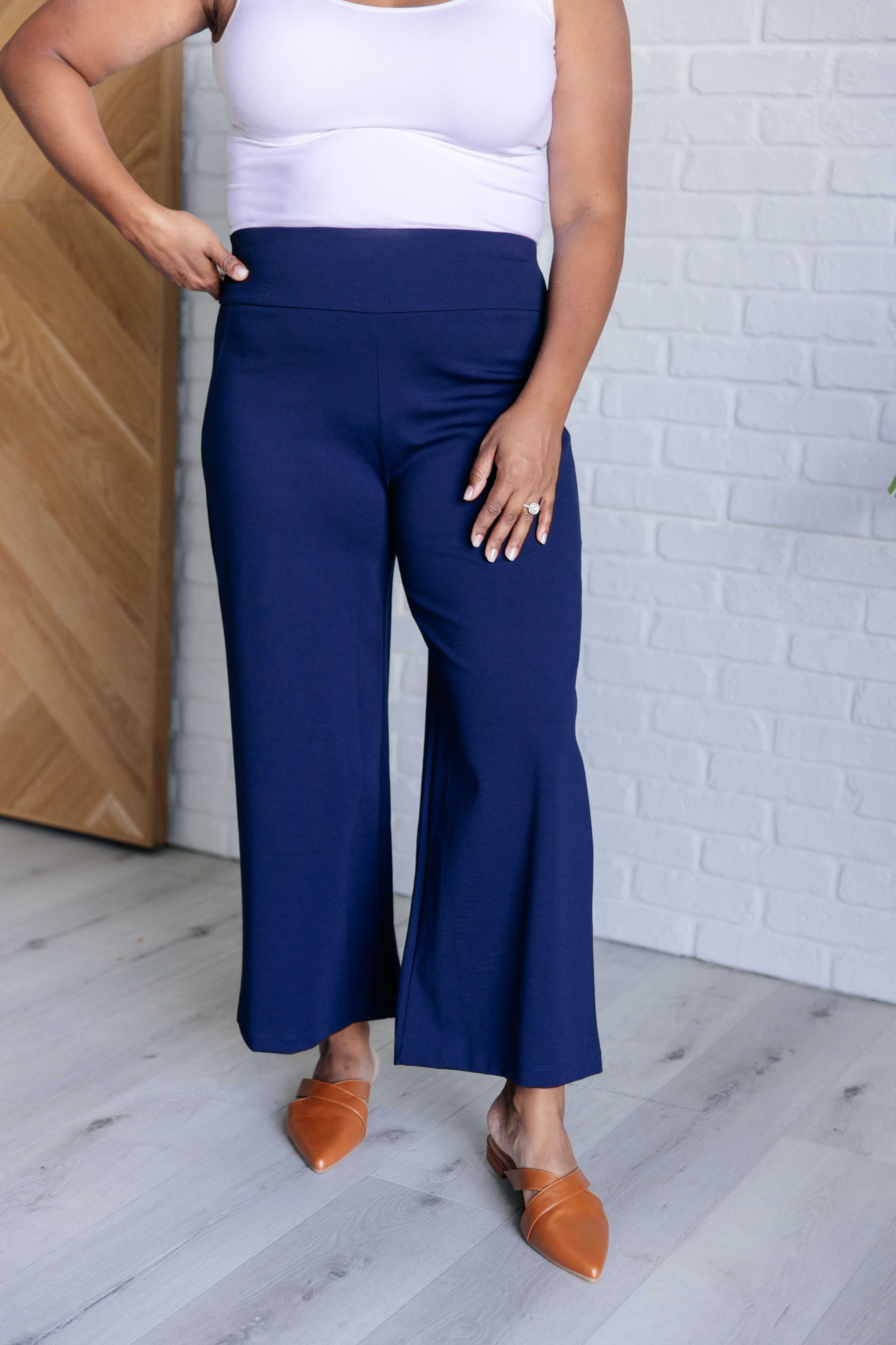 Stylish Navy Blue Magic Wide Leg Crop Pants for Women - Comfortable High Waist Palazzo Trousers for Casual Wear, Office & Summer Outfits