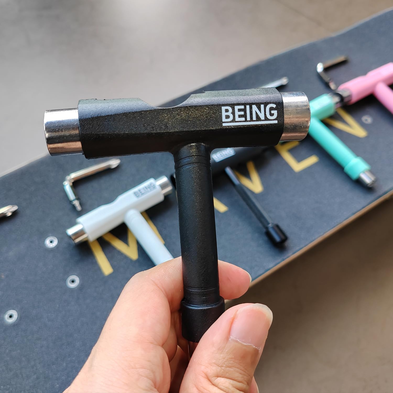 BEING All-in-One Skateboard Tool Kit - Multi-Function T Tool for Skateboards & Roller Skates | Durable Hardware Tools & Accessories | Perfect for Skate Maintenance & DIY Repairs (Pink)