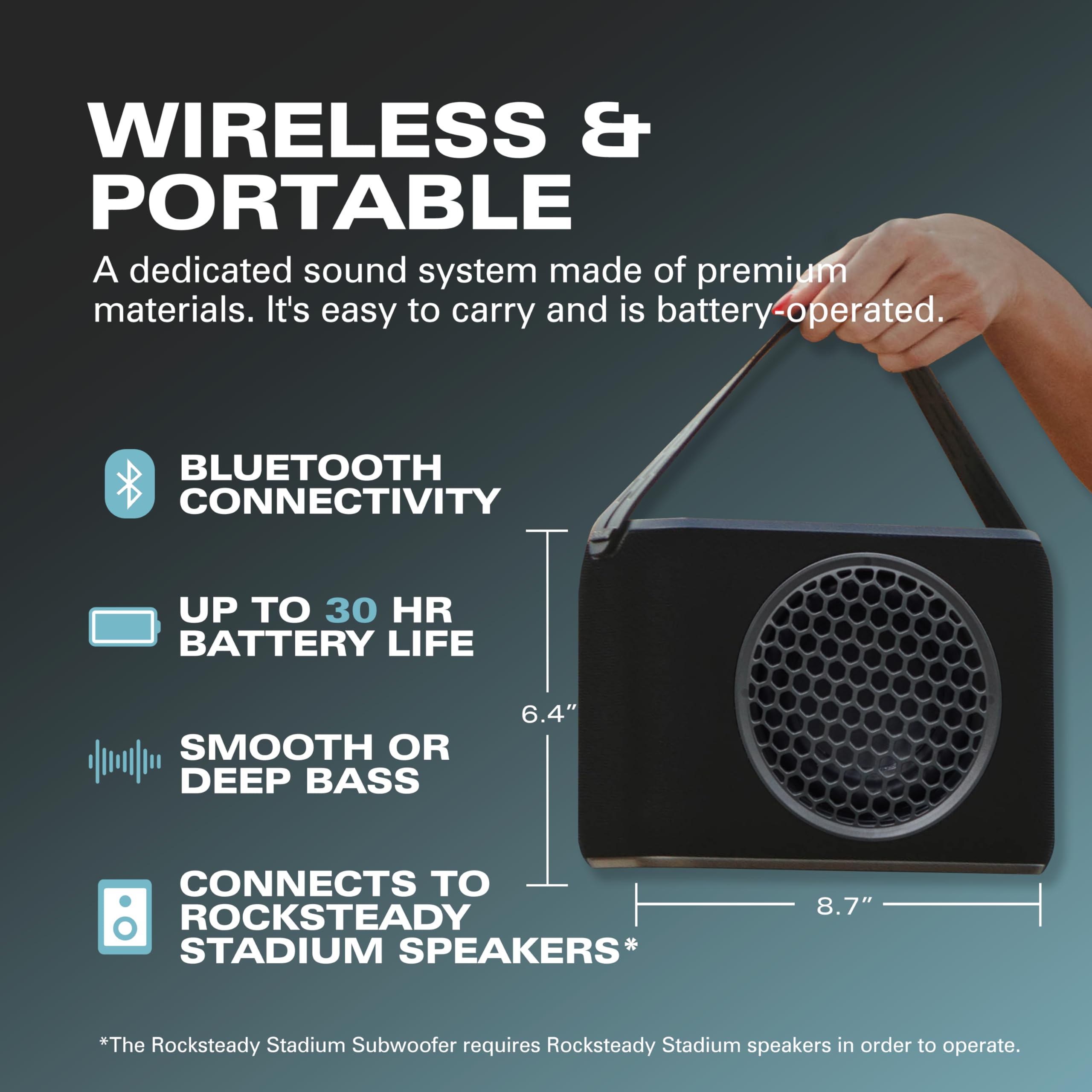 Rocksteady Stadium 2.0 Wireless Portable Subwoofer - Dual EQ Bass Speaker with 150ft Range & 30H Battery Life - Includes Carry Strap for Outdoor Parties, Home Theater & Gaming Setup